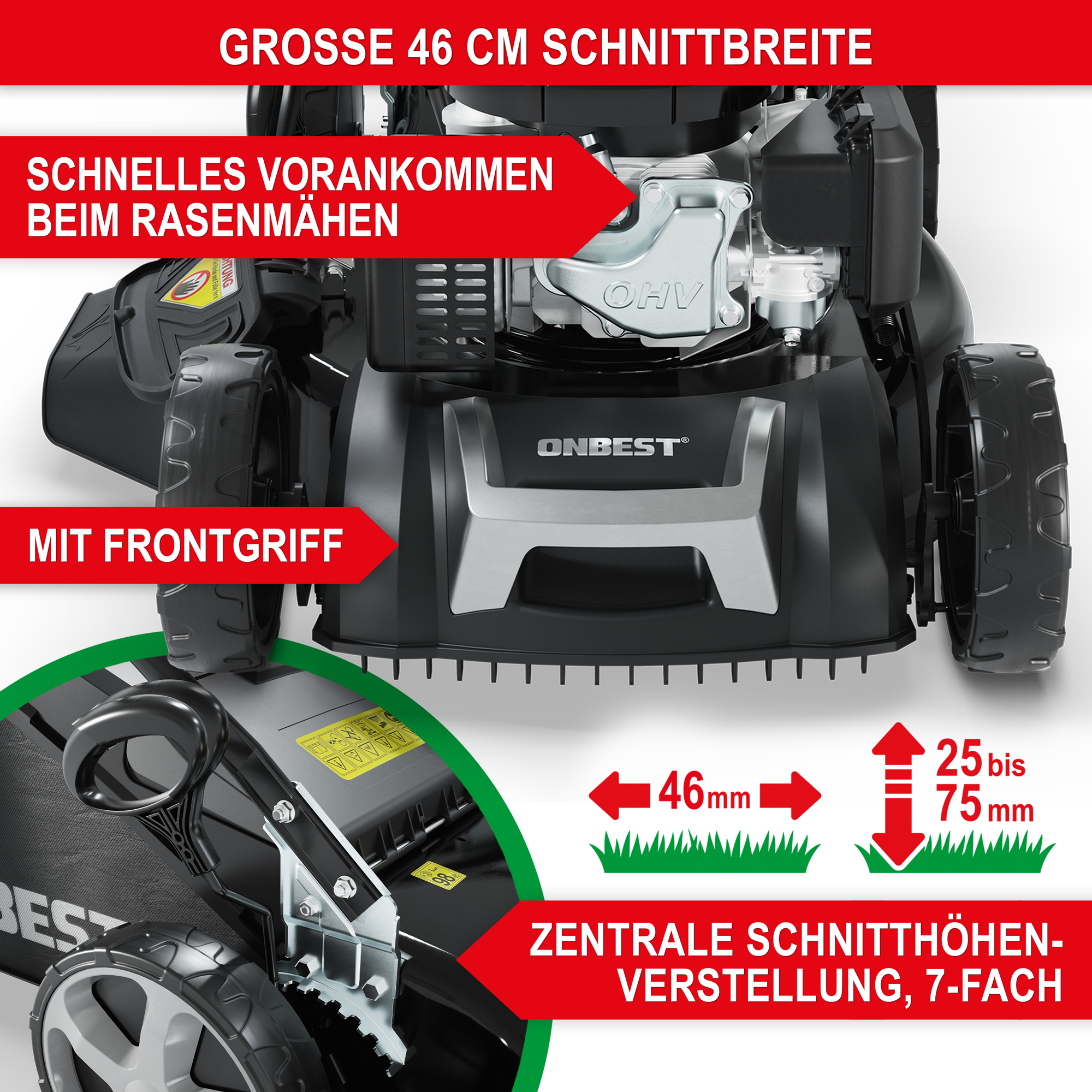 Rasenmäher TXC-3646 - Große Schnittbreite; schnelles Vorankommen beim Rasenmähen; mit Frontgriff; zentrale Schnitthöhenverstellung