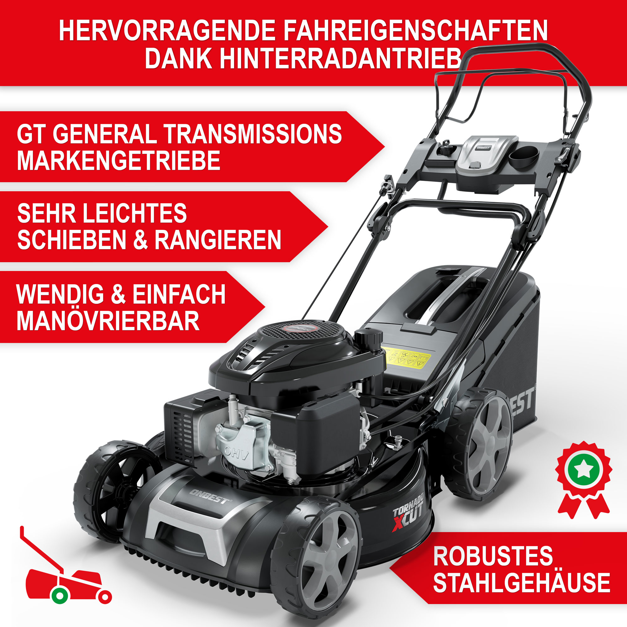 Rasenmäher Benzin TXC-3653 E - hervorragende Fahreigenschaften dank Hinterradantrieb; sehr leichtes schieben und rangieren; wenig und einfach manövrierbar; robustes Stahlgehäuse