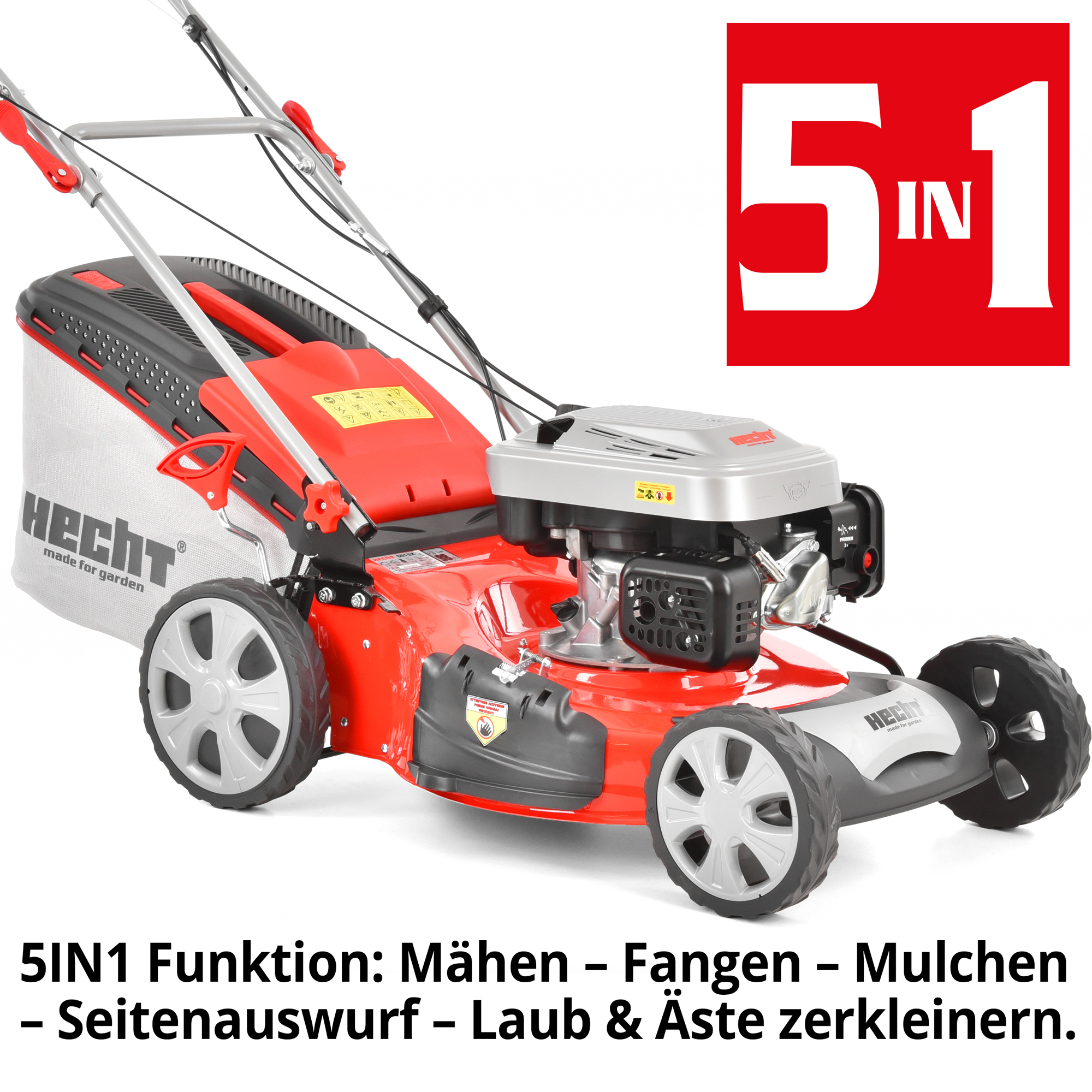 Rasenmäher Benzin 5-in-1 Funktion Mähen Fangen Mulchen Seitenauswurf Laub zerkleinern (Dieses Bild wurde mit Hilfe von KI generiert.)