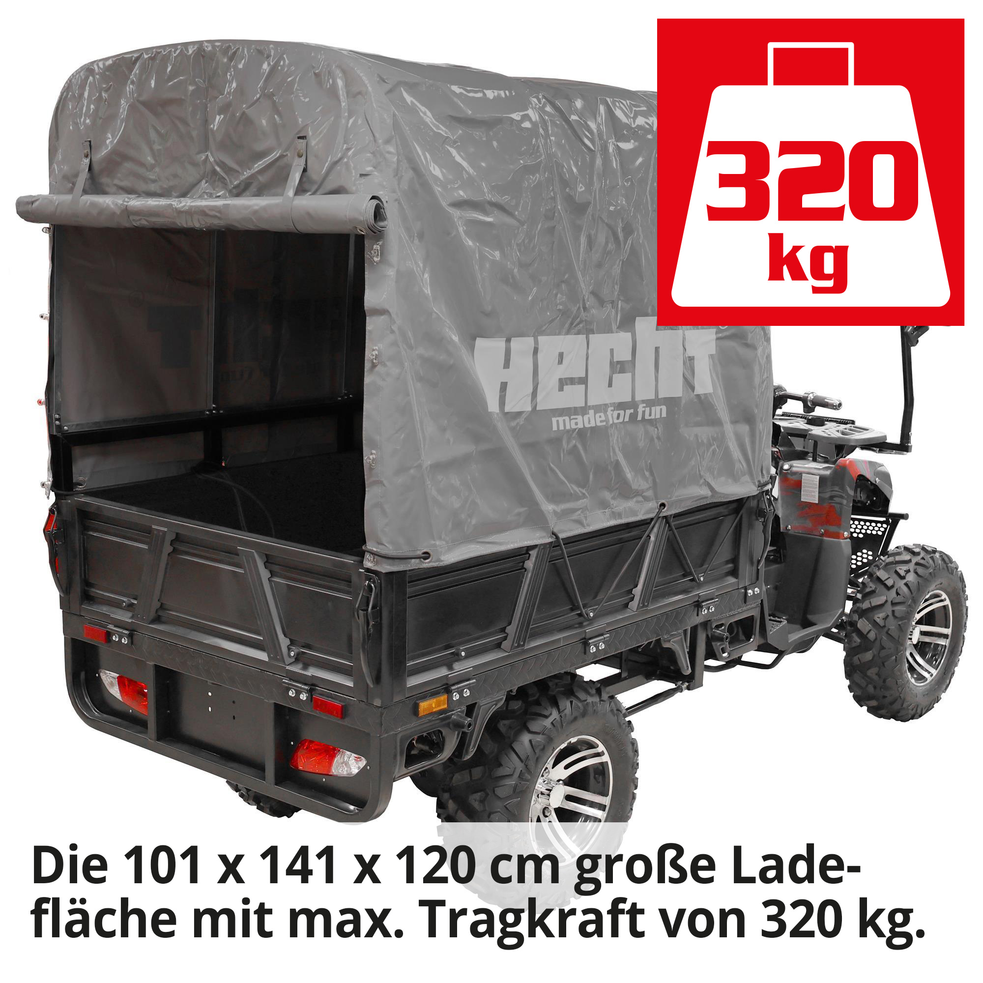 Hecht Cargo - Quad mit Pritsche & Plane mit großer Ladefläche und großer Tragkraft (Dieses Bild wurde mit Hilfe von KI generiert.)