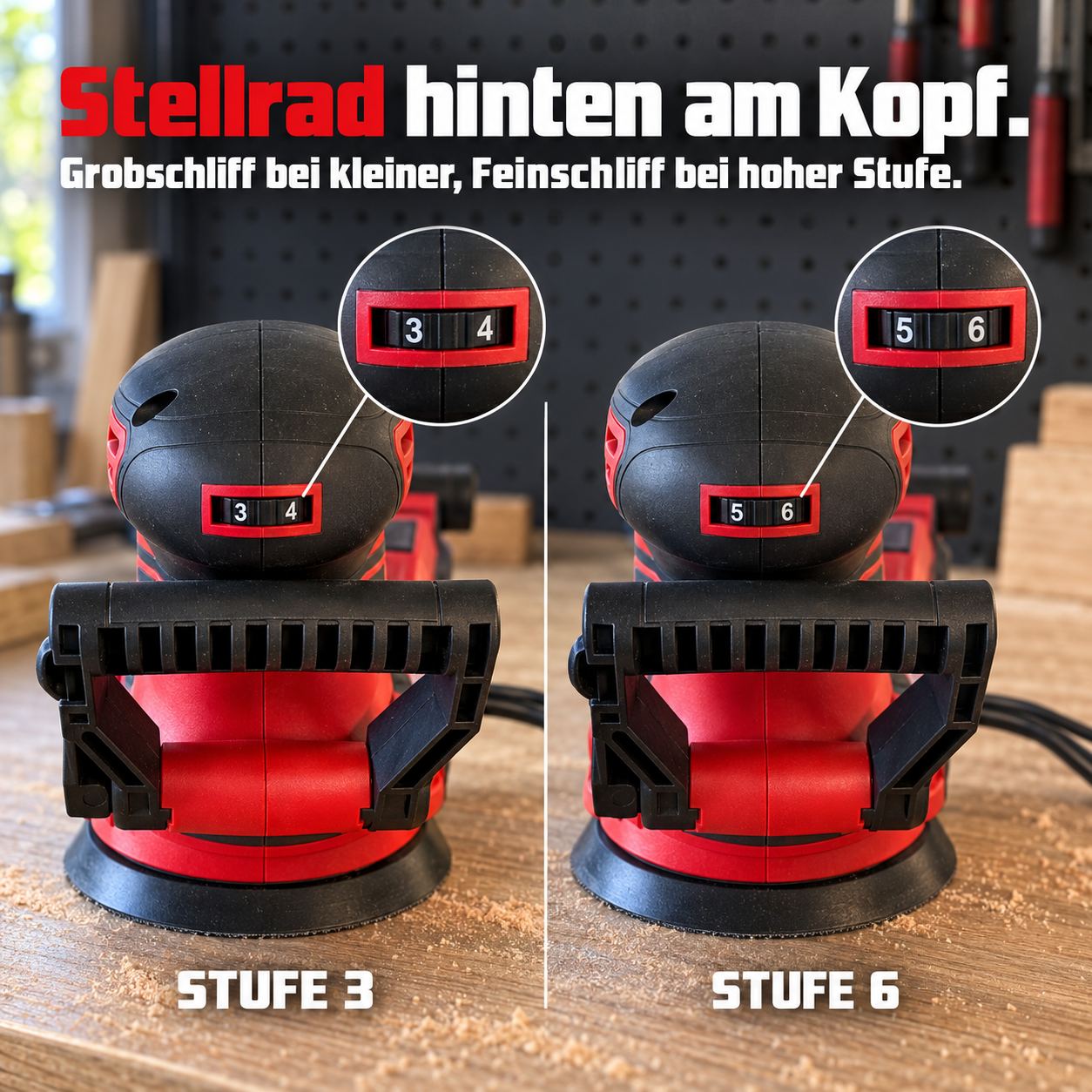 HECHT Exzenterschleifer: Stellrad für Grobschliff und Feinschliff (Dieses Bild wurde mit Hilfe von KI generiert.)