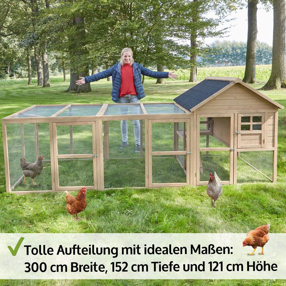 Hühnervoliere Happy Huhn Set; Gesamtmaß: 300 x 152 x 121 Zentimeter (Dieses Bild wurde mit Hilfe von KI generiert.)
