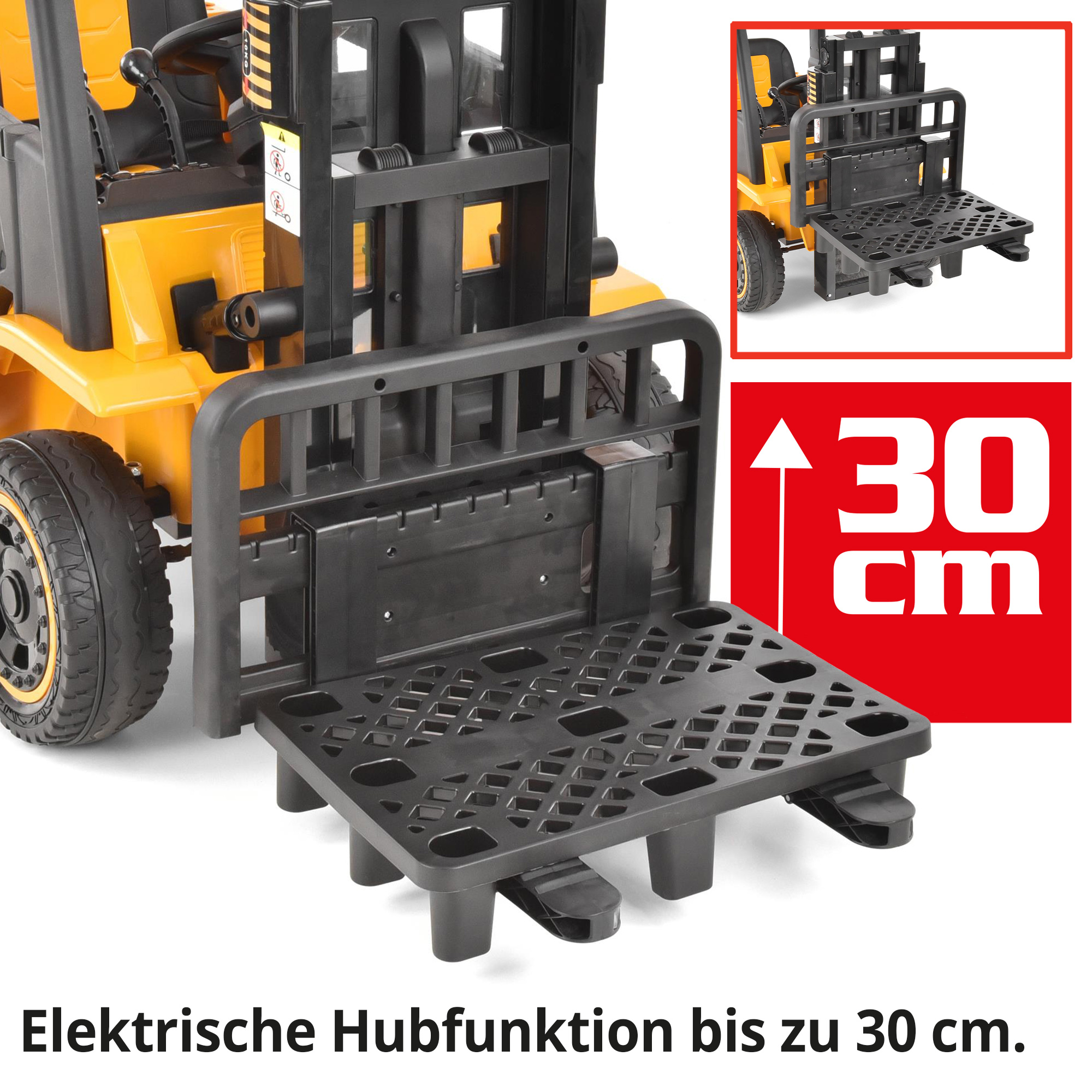 Hecht 52108YELLOW Kinder Elektro Gabelstapler Gelb; Elektrische Hubfunktion bis zu 30cm 