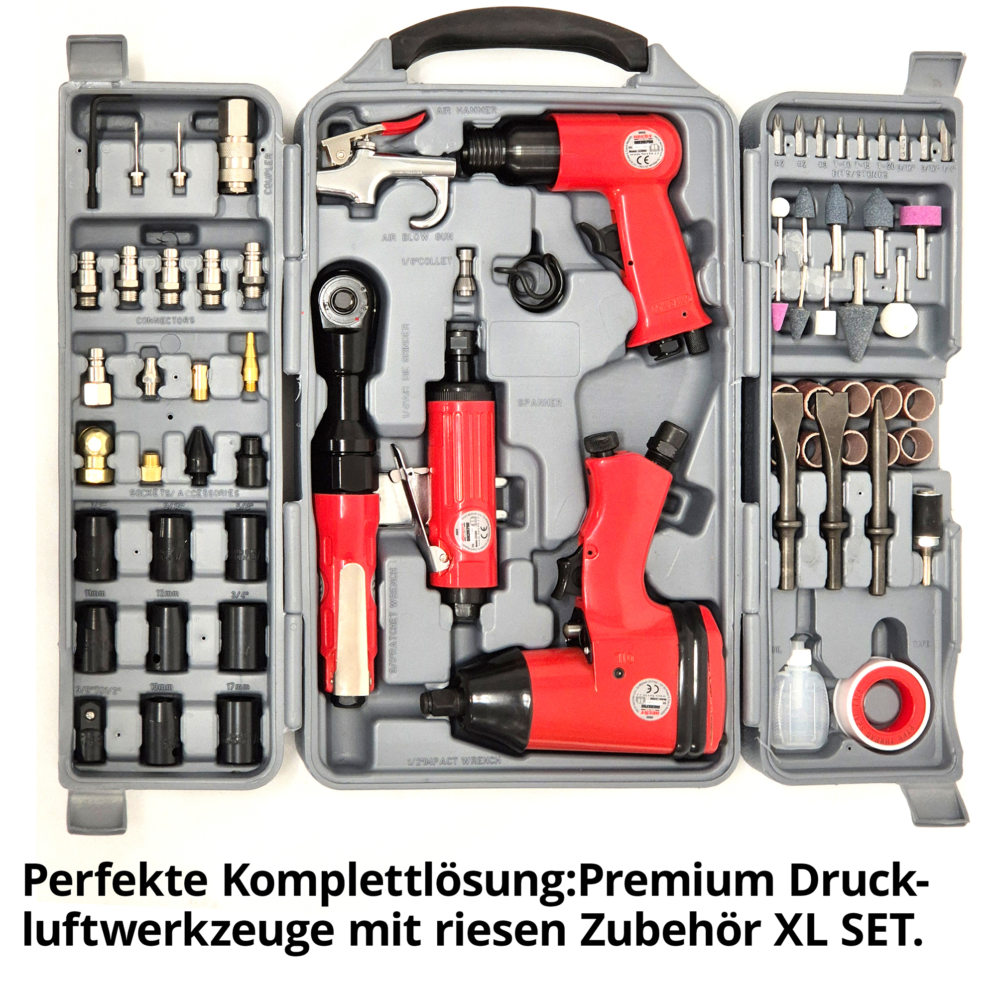Druckluftwerkzeug & Zubehör Set XL; Perfekte Komplettlösung: Premium Druckluftwerkzeuge mit riesen Zubehör XL Set Druckluftwerkzeug & Zubehör Set XL; Perfekte Komplettlösung: Premium Druckluftwerkzeuge mit riesen Zubehör XL Set