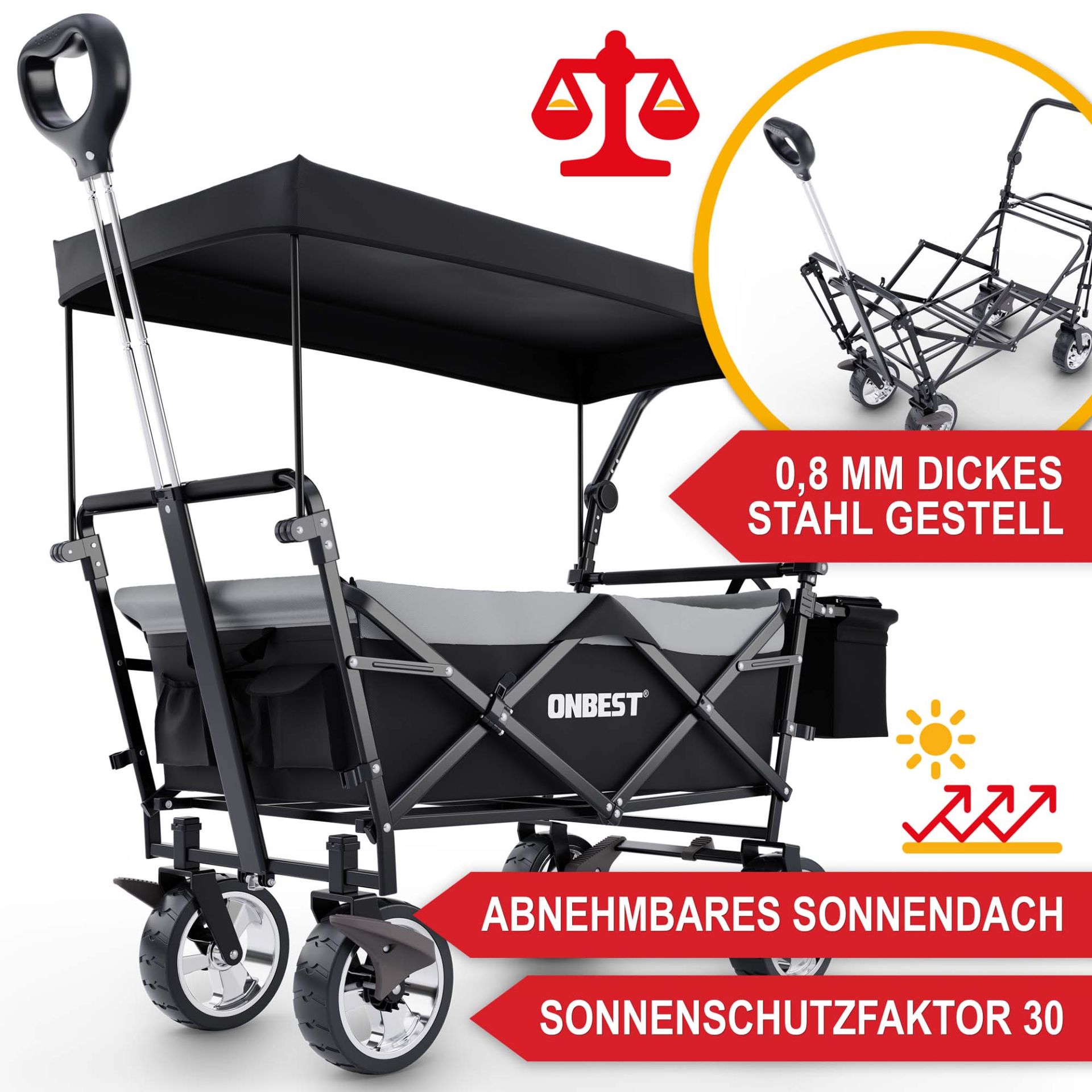 Bollerwagen mit Dach schwarz - dickes Stahlgestell, abnehmbares Sonnendach, Sonnenschutzfaktor 30