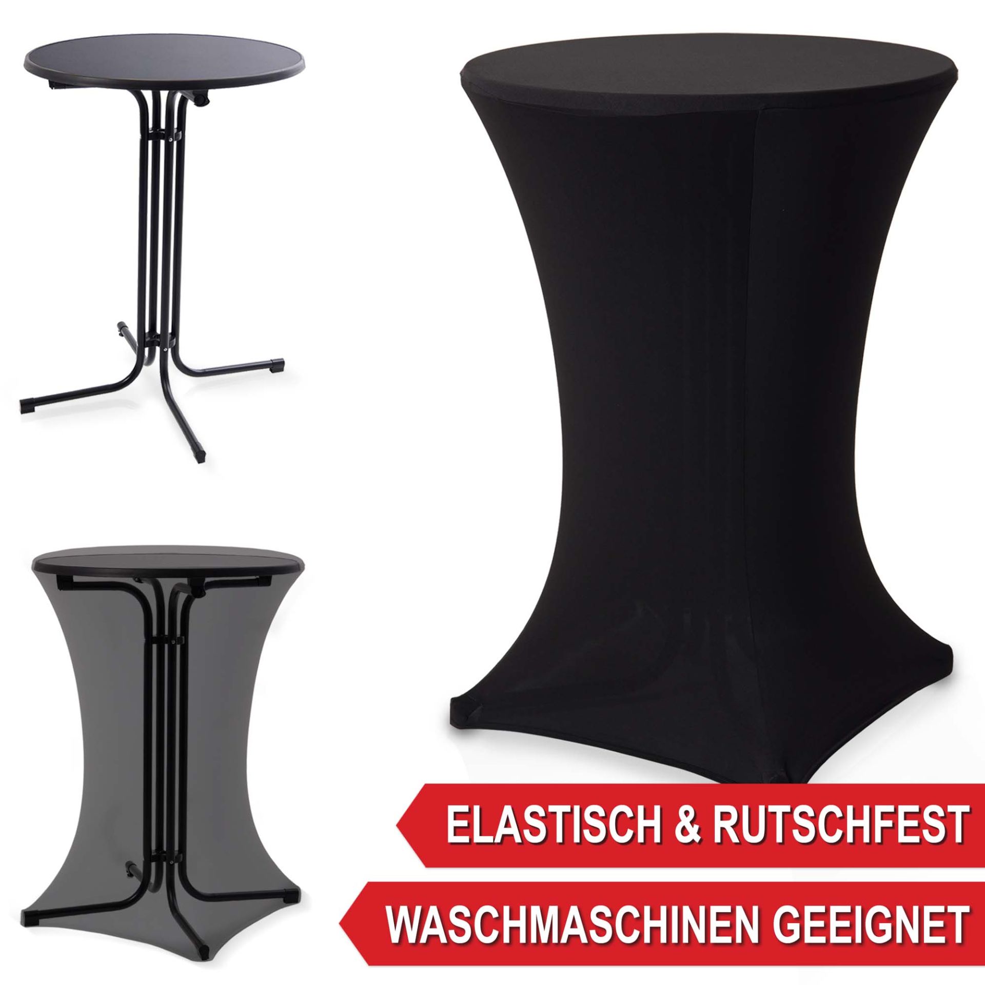 Elastisch, rutschfest, Waschmaschinen geeignet - Stehtisch mit Tischhusse schwarz