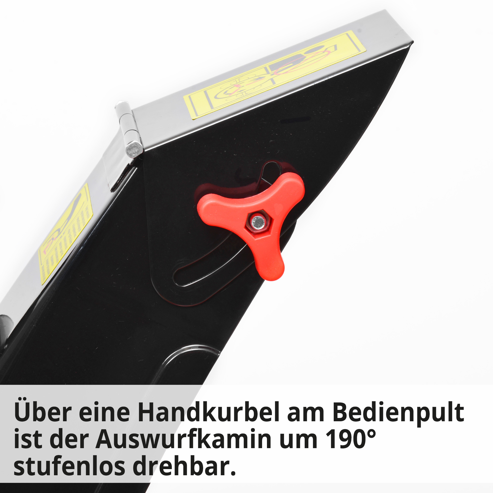 Hecht 9661 Benzin Schneefräse; Über eine Handkurbel am Bedienpult ist der Auswurfkamin um 190 Grad stufenlos drehbar Hecht 9661 Benzin Schneefräse; Über eine Handkurbel am Bedienpult ist der Auswurfkamin um 190 Grad stufenlos drehbar