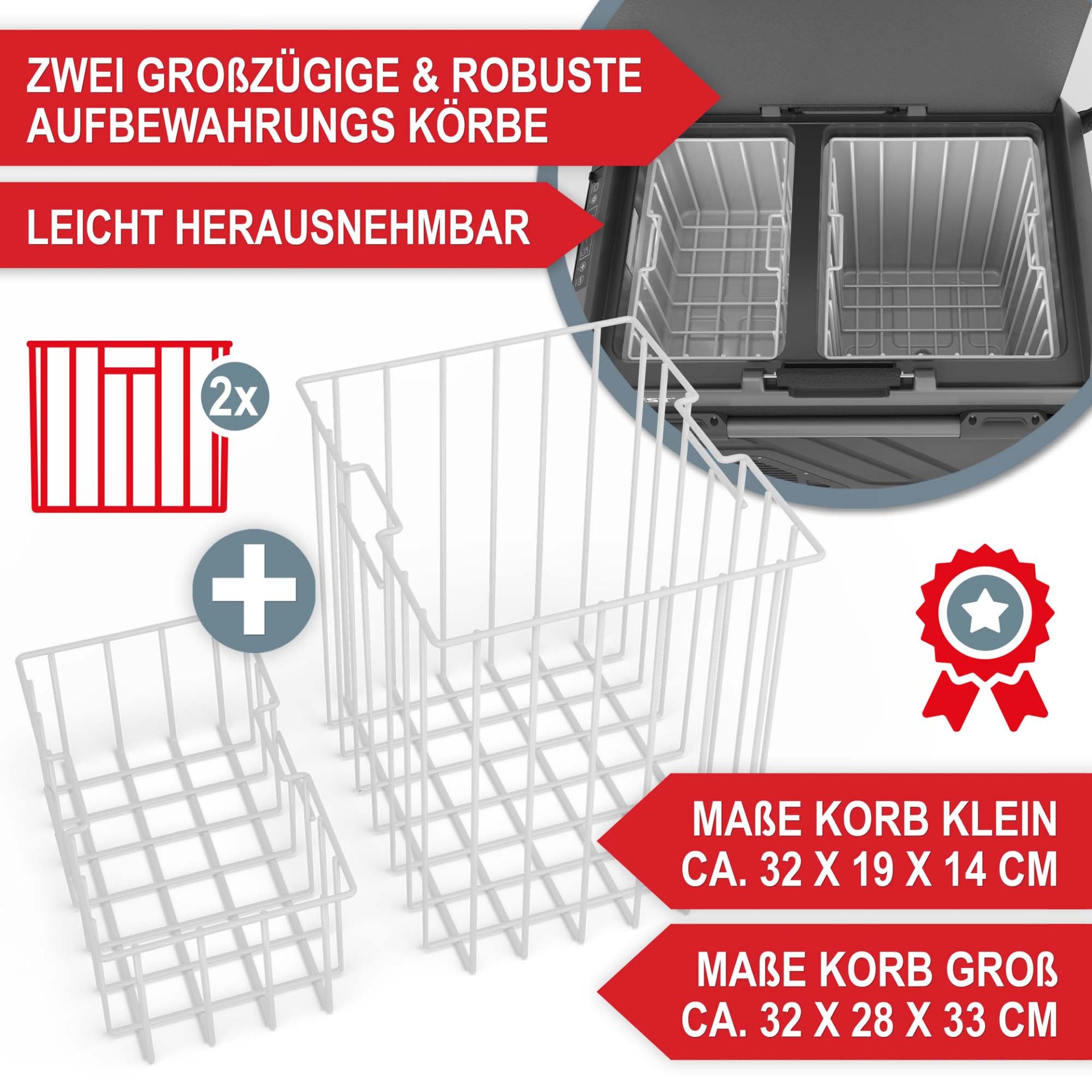Kompressor Kühlbox 40L - 2 großzügige und robuste Aufbewahrungskörbe; leicht abnehmbar; klein und groß