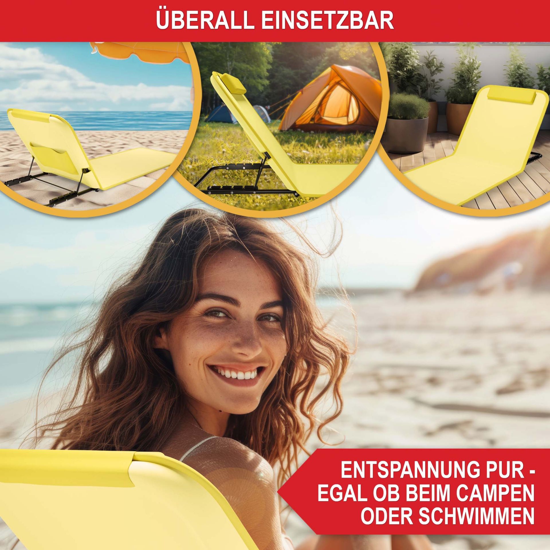 Strandliege gelb - Überall einsetzbar, Entspannung pur beim campen oder schwimmen