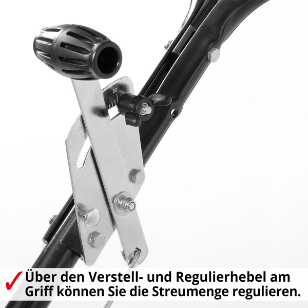 Streuwagen HECHT – Dosierhebel mit Skala zur präzisen Einstellung der Streumenge direkt am Griff