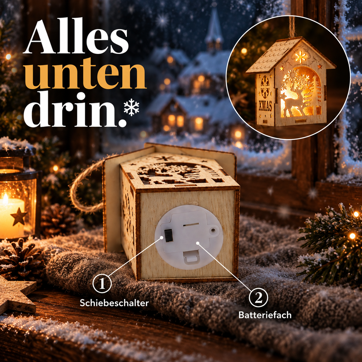 LED-Haus Unterseite: Integriertes Batteriefach und Schiebeschalter (Dieses Bild wurde mit Hilfe von KI generiert.)