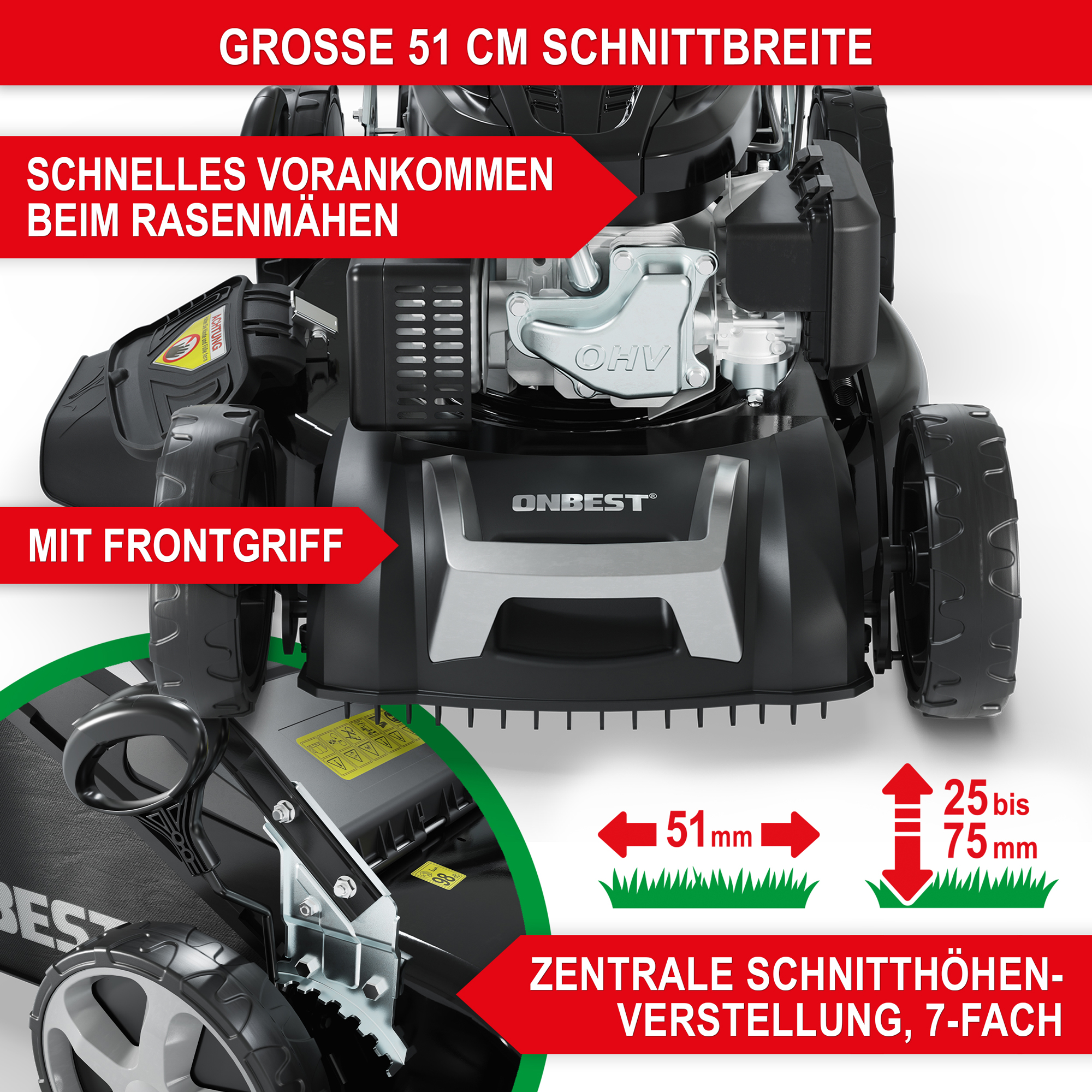 Rasenmäher Benzin TXC-3651 - Große Schnittbreite; schnelles Vorankommen beim Rasenmähen; mit Frontgriff; zentrale Schnitthöhenverstellung