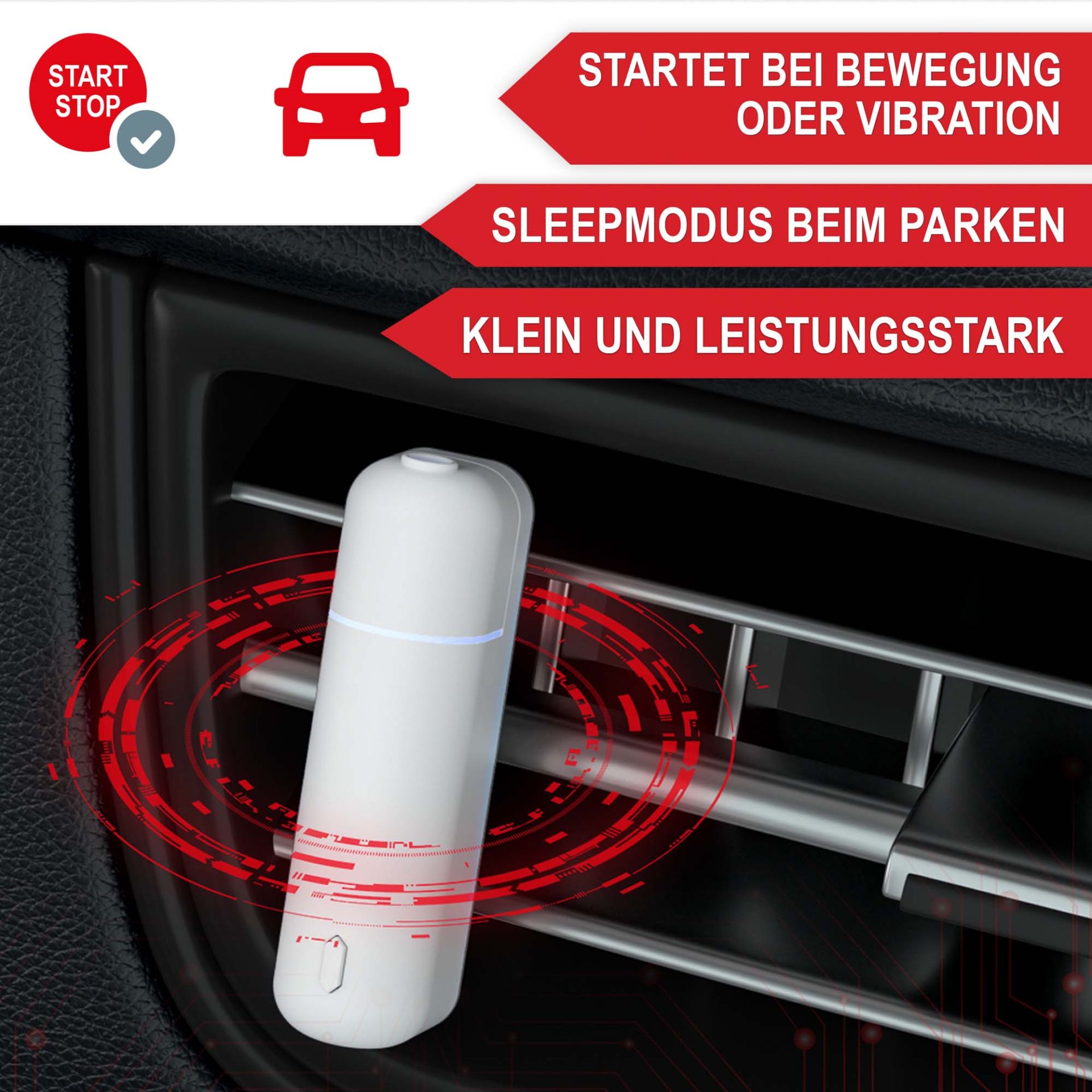 Aromadiffuser weiß - Startet bei Bewegung oder Vibration, Sleepmodus beim parken, klein und Leistungsstark