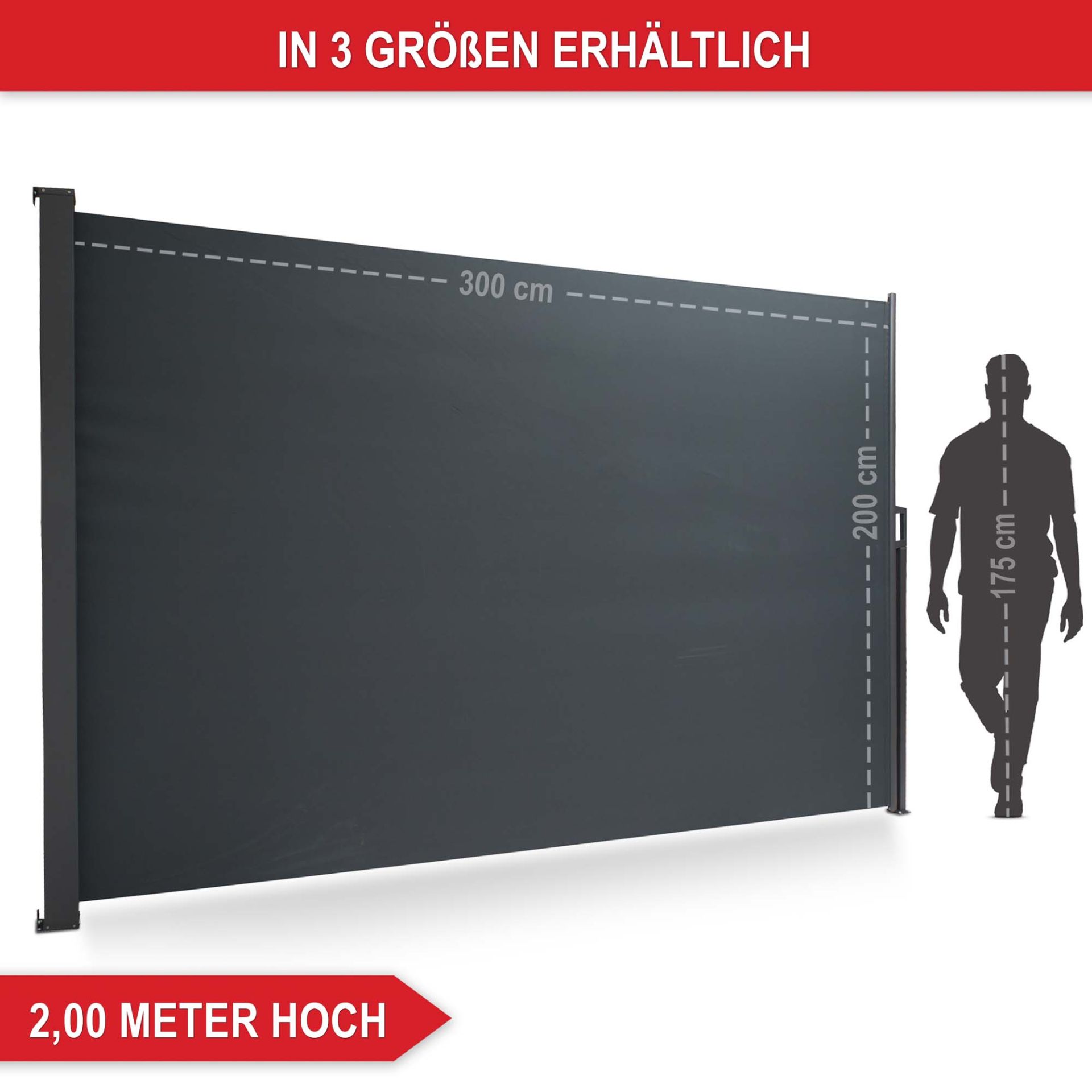 2 Meter hoch, In drei Größen erhältlich - Seitenmarkise XL 2 Meter hoch, In drei Größen erhältlich - Seitenmarkise XL