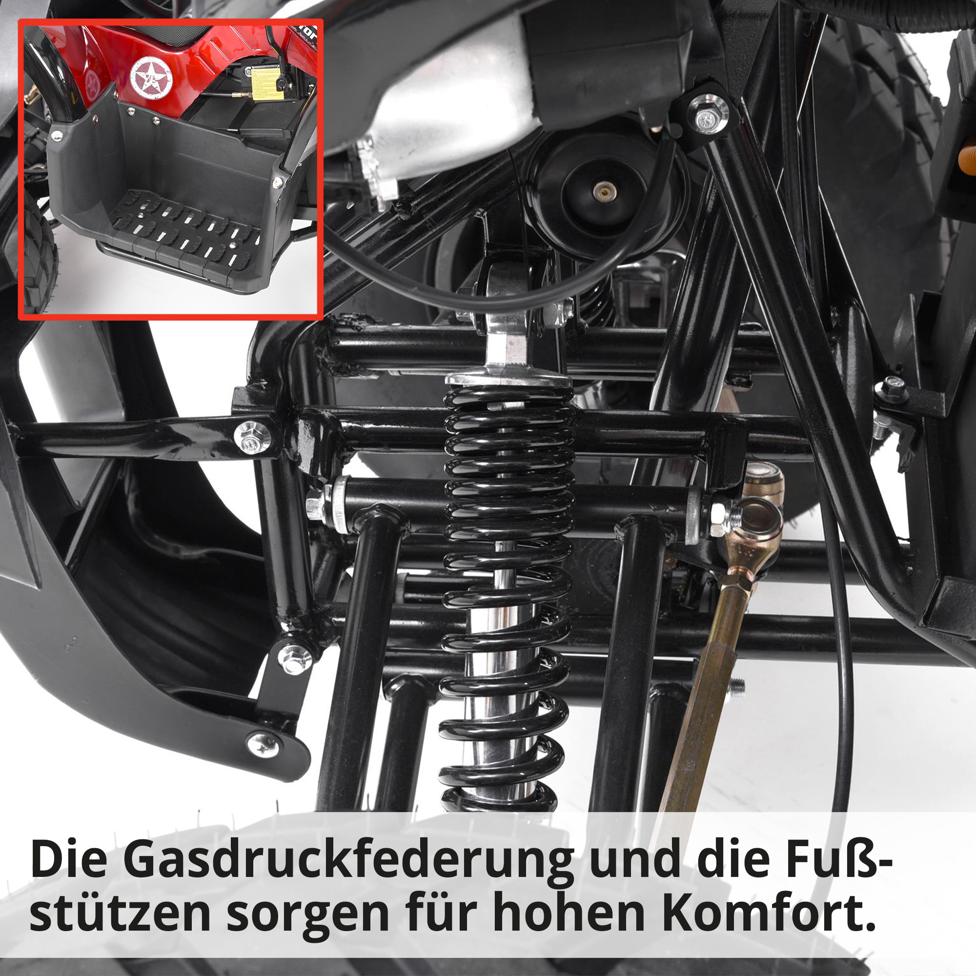 Quad mit Straßenzulassung; Gasdruckfederung und Fußstützen für hohen Komfort