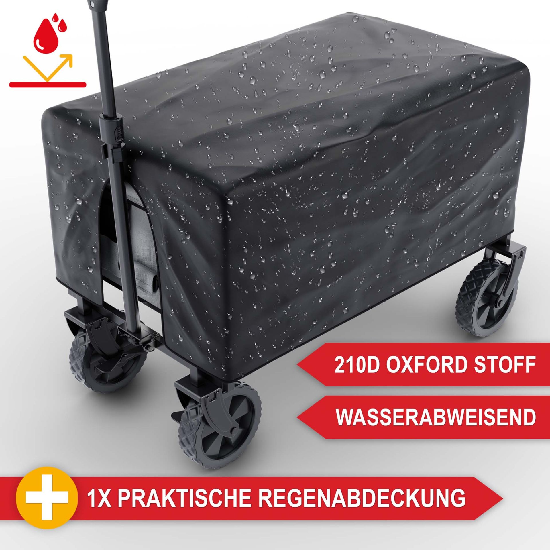 Bollerwagen grau - Wasserabweisend, praktische Regenabdeckung, 210 Oxford Stoff