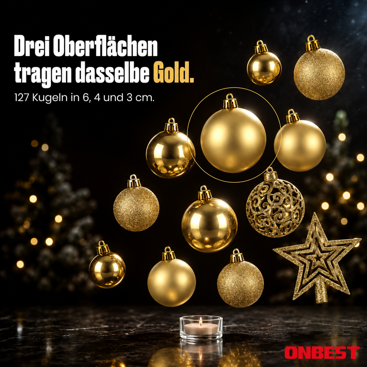 ONBEST Christbaumkugeln: 127 Kugeln in Gold mit 3 Oberflächen (Dieses Bild wurde mit Hilfe von KI generiert.)