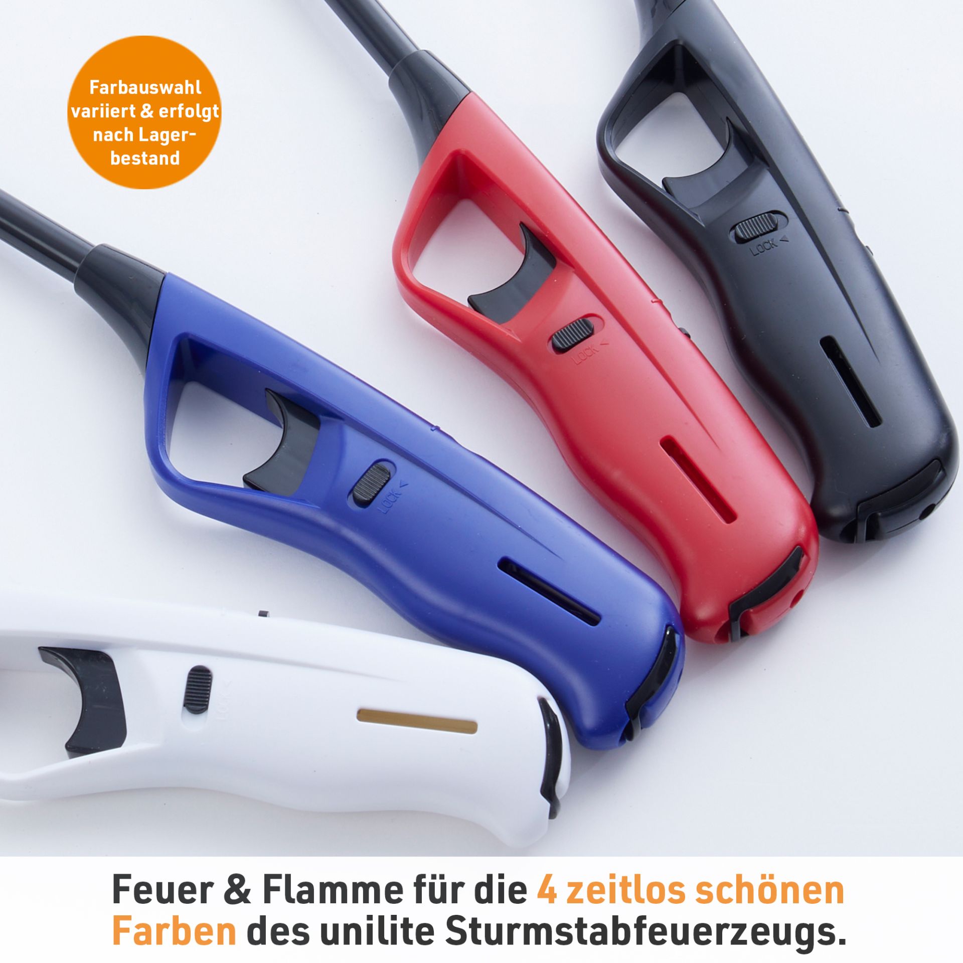 Unilite Stabfeuerzeug Milano NT in vier Farben (weiß, blau, rot, schwarz)