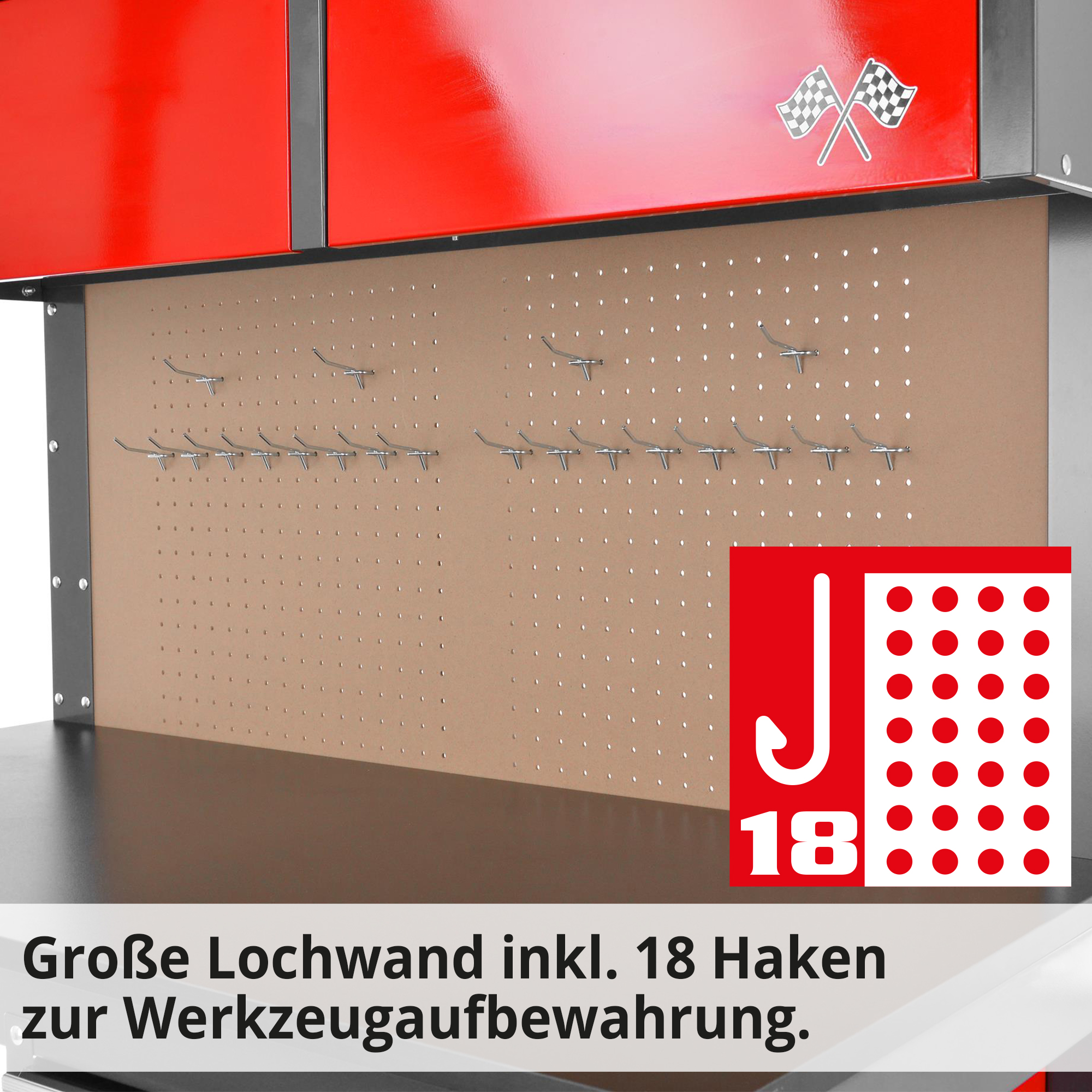 HECHT 2091 Werkbank große Lochwand inklusive 18 Haken zu Werkzeug Aufbewahrung