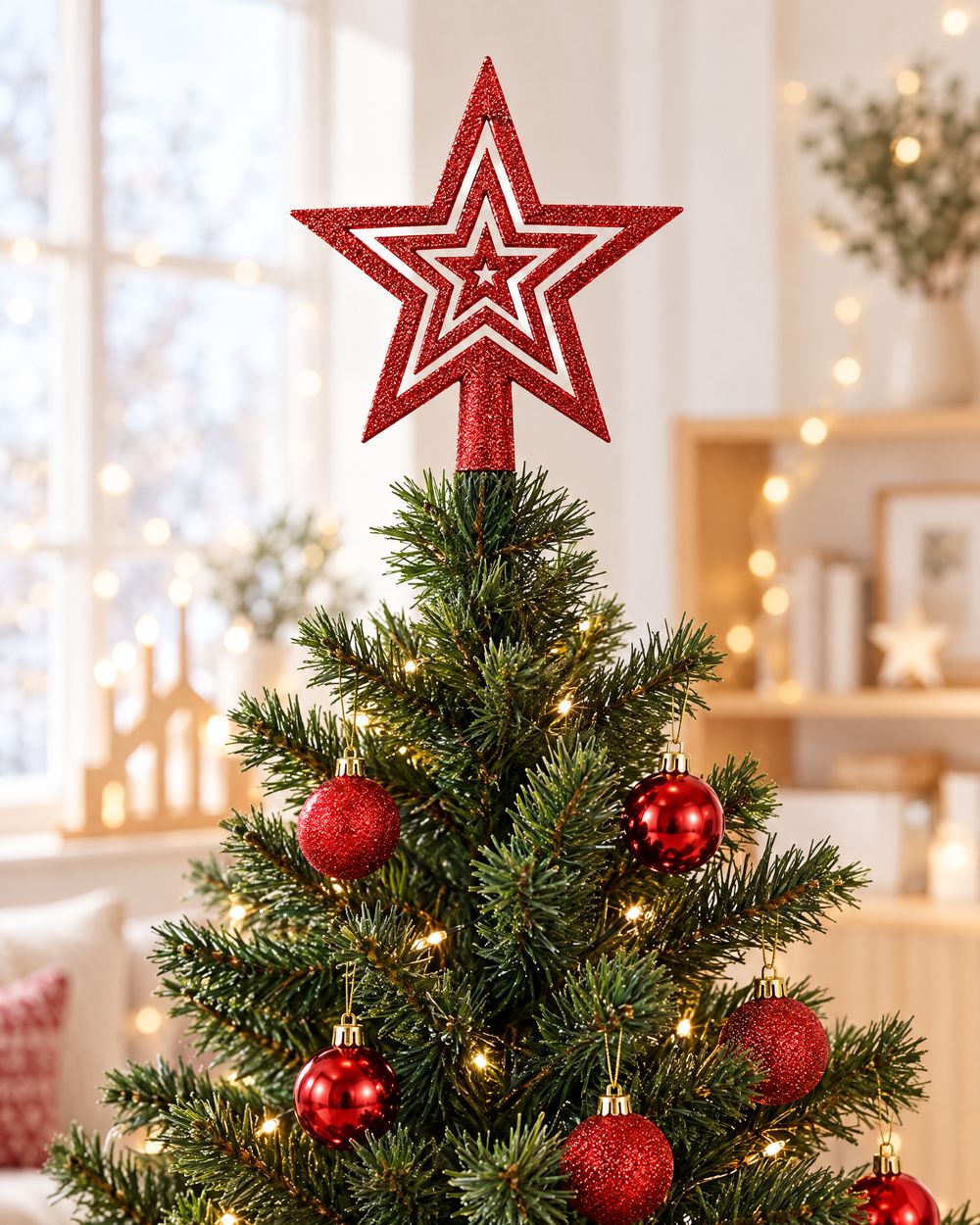Rote glitzernde Sternspitze mit dreifach gestuftem Stern auf der Spitze eines Weihnachtsbaums (Dieses Bild wurde mit Hilfe von KI generiert.)