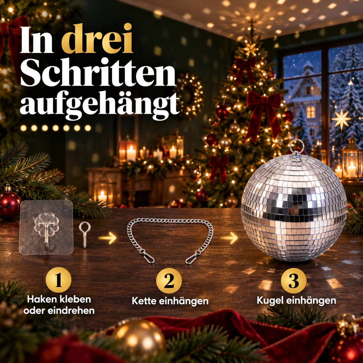 Spiegelkugel Montage: In drei simplen Schritten mit Haken aufgehängt (Dieses Bild wurde mit Hilfe von KI generiert.)
