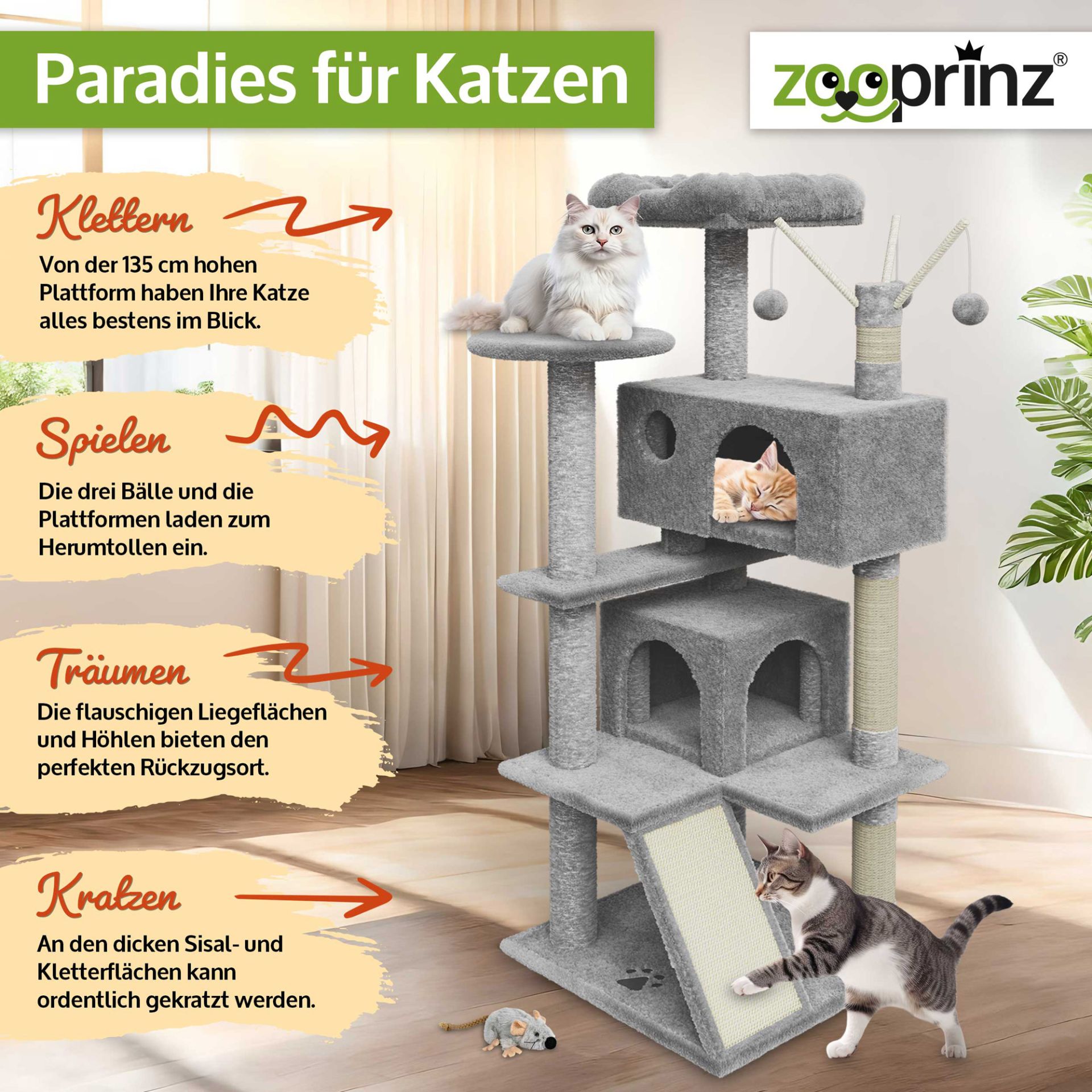 Katzenbaum Kitty; Paradies für Katzen: Klettern, Spielen, Träumen und Kratzen