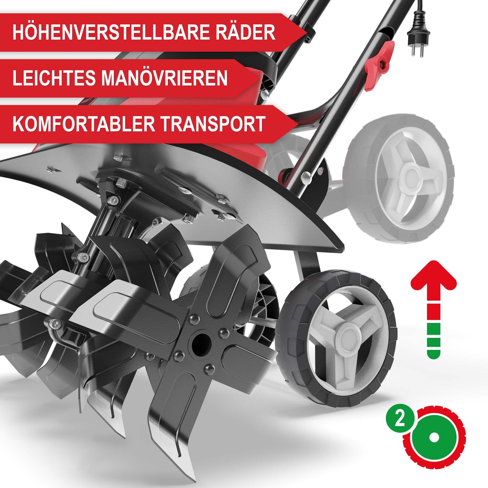 Gartenhacke Elektro T1545 - Höhenverstellbare Räder; leichtes manövrieren; komfortabler Transport Gartenhacke Elektro T1545 - Höhenverstellbare Räder; leichtes manövrieren; komfortabler Transport