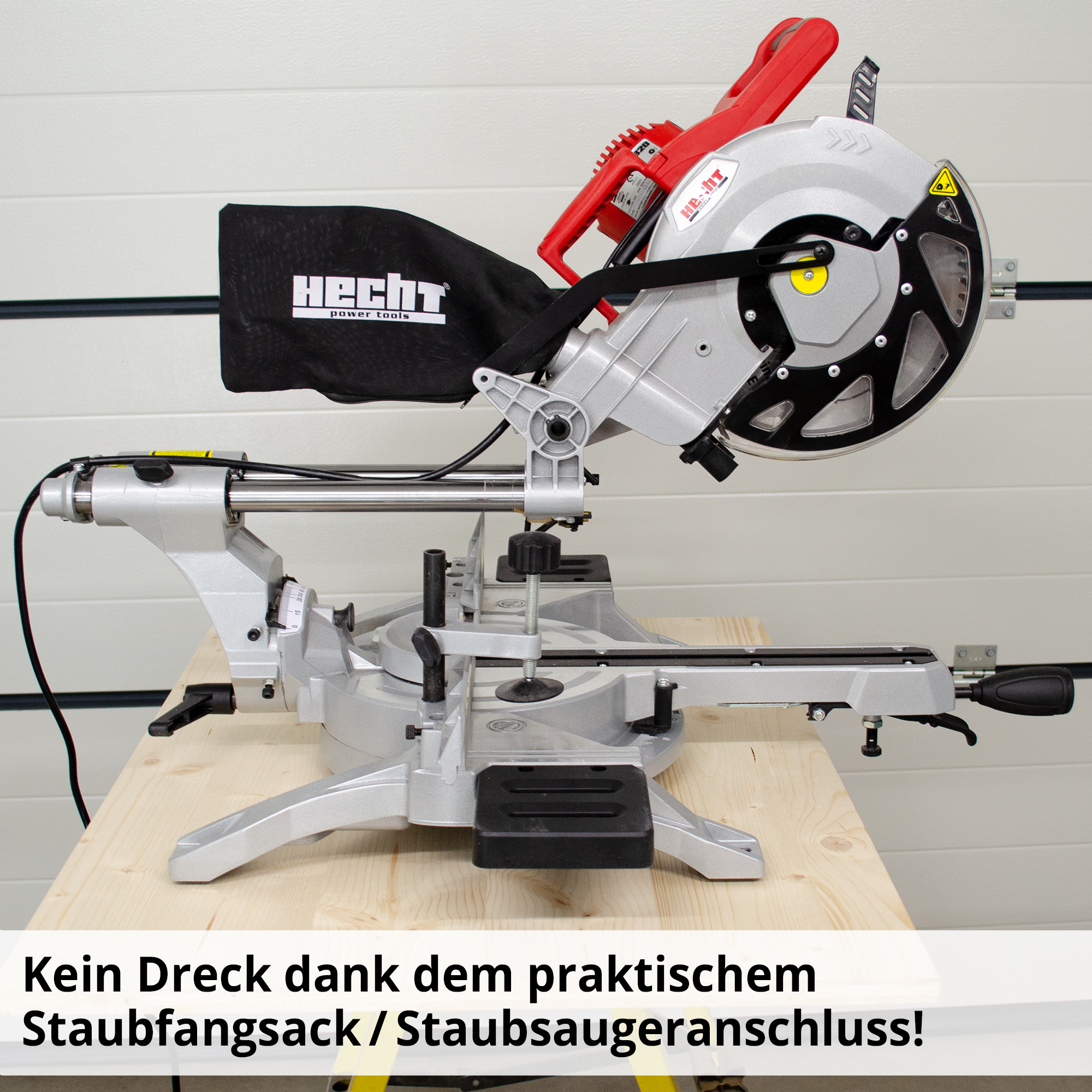 mit Laser, der die Schnittlinie exakt anzeigt; Kein Dreck dank dem praktischem / Staubfangsack / Staubsaugeranschluss