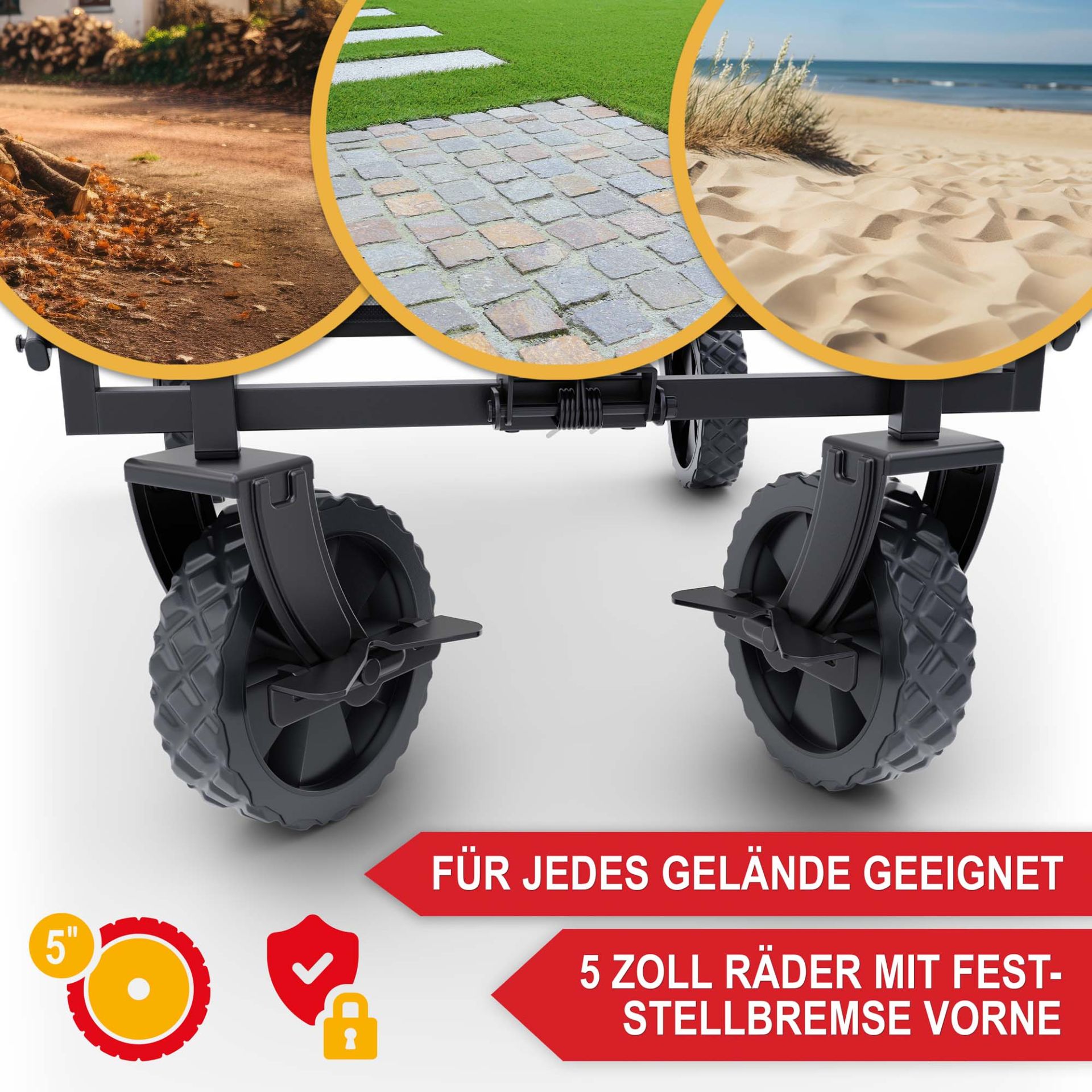 Bollerwagen grau - Für jedes Gelände geeignet, Dicke Räder mit Feststellbremse