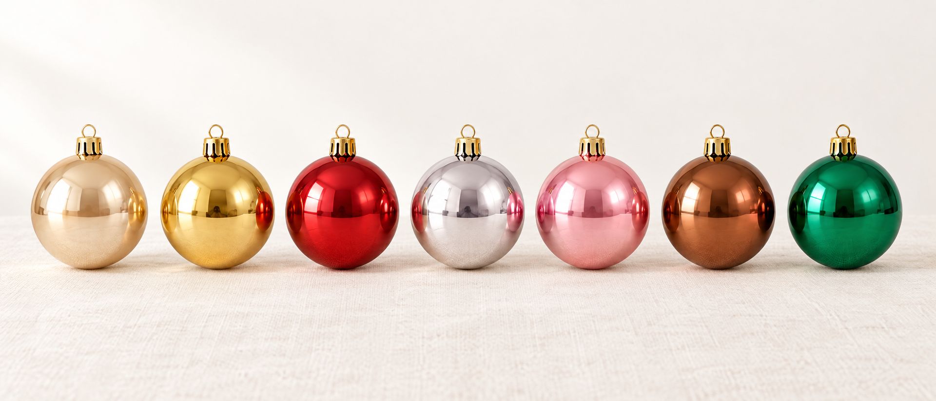 Sieben Weihnachtskugeln in einer Reihe in Champagner, Gold, Rot, Silber, Pink, Braun und Grün (Dieses Bild wurde mit Hilfe von KI generiert.)