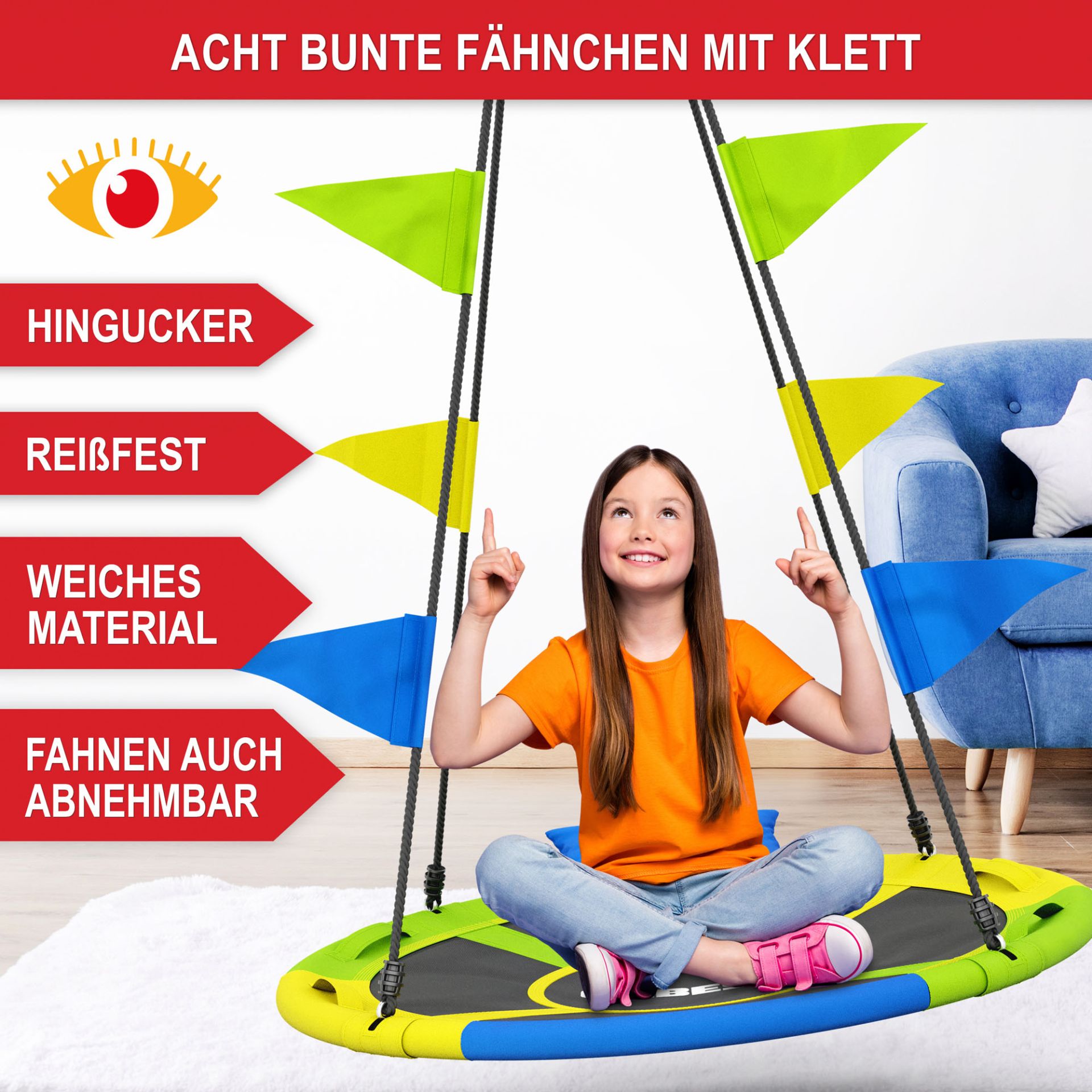 Nestschaukel - 8 bunte Fähnchen mit Klett, reißfest, weiches Material, Fahnen auch abnehmbar