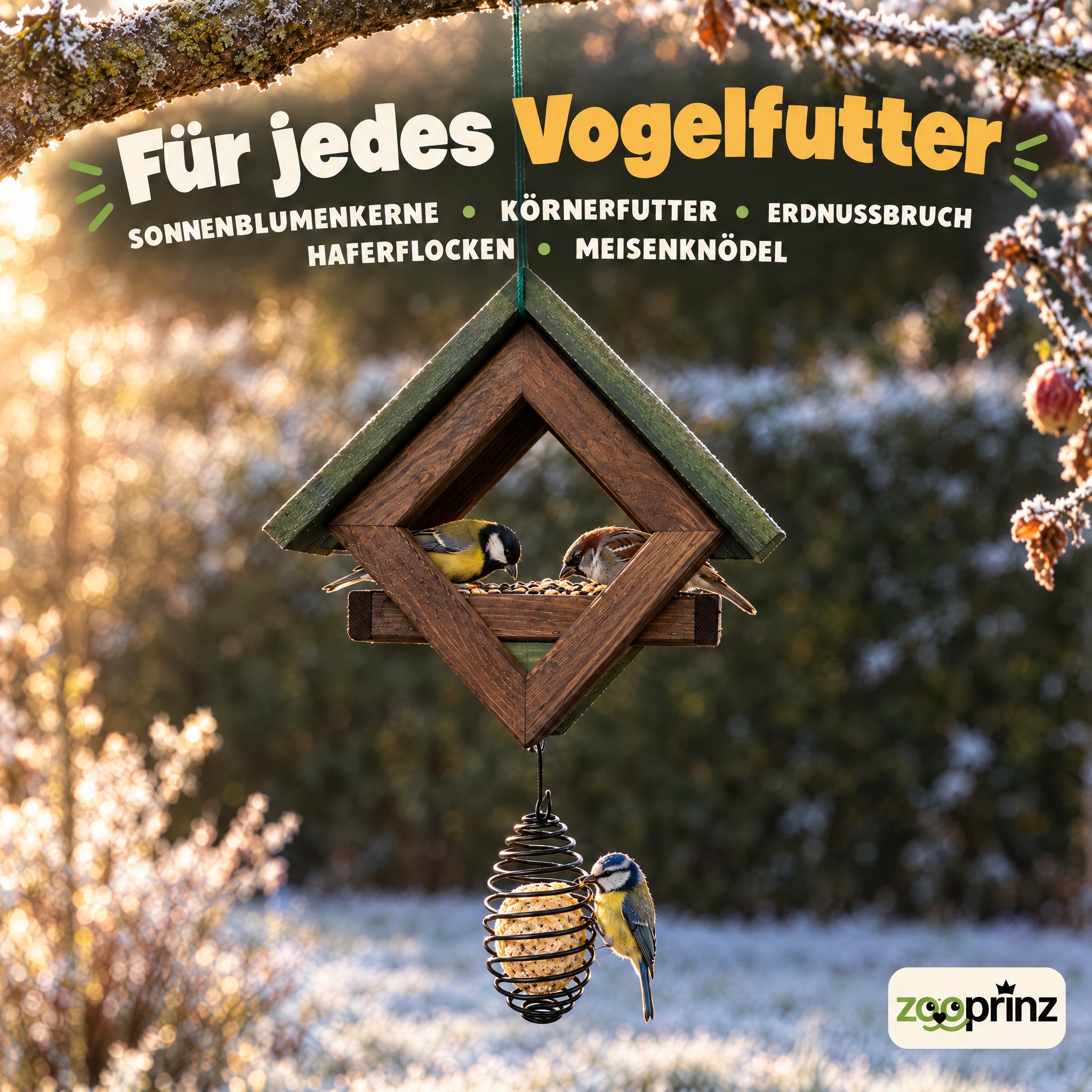 Vogelfutterhaus Braun-Grün: Ideal für Körner, Sonnenblumenkerne und Knödel. (Dieses Bild wurde mit Hilfe von KI generiert.)