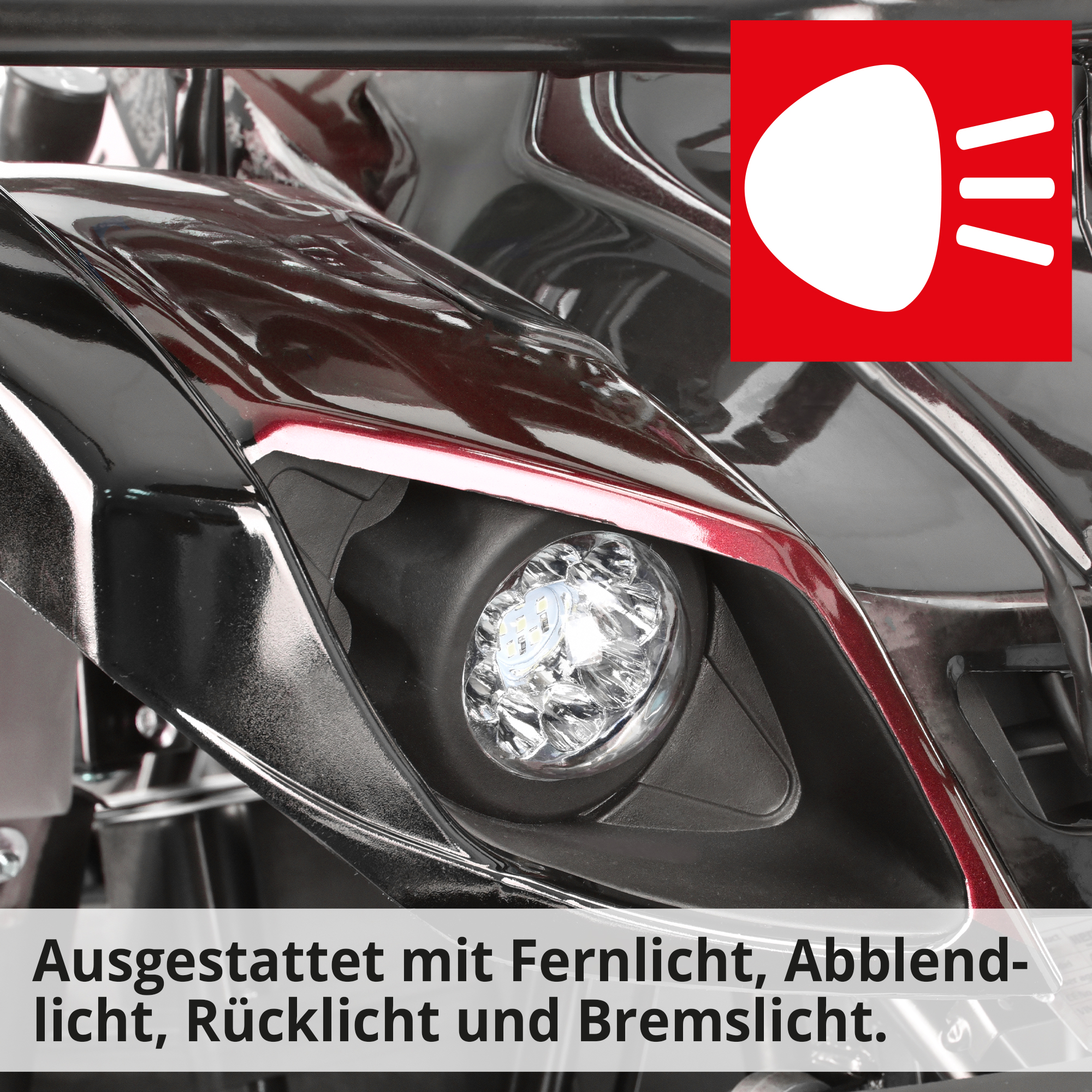 Quad red mit ausgestattet mit Fernlicht, Abblendlicht, Rücklicht, Blinker und Bremslicht