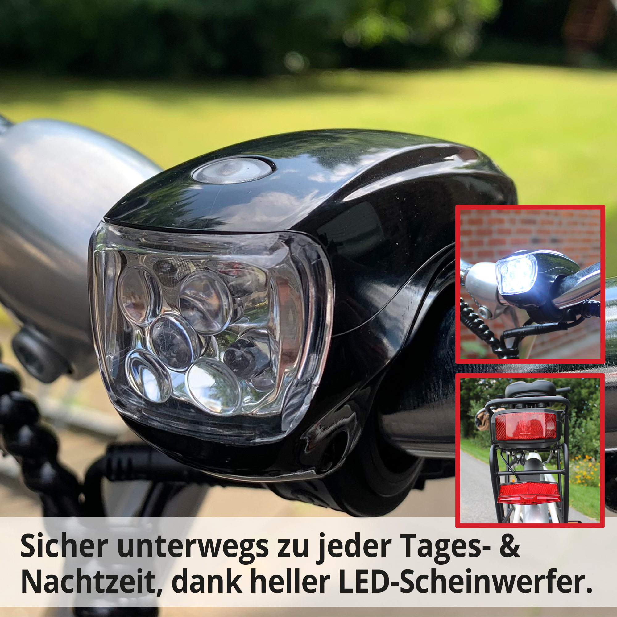 E-Bike Komfortausstattung mit LED, Korb, Federsattel, Ständer und Reifen