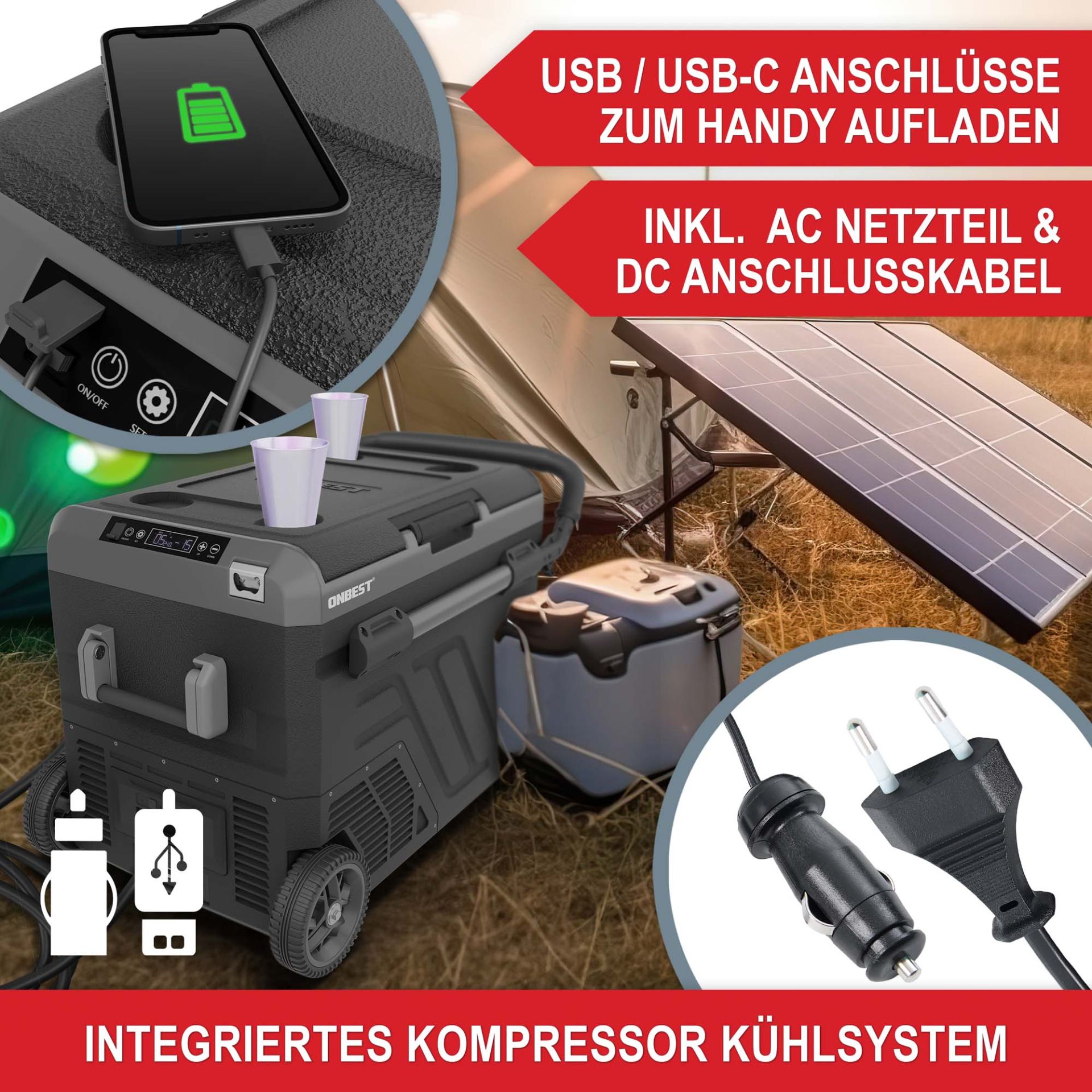Kompressor Kühlbox 40L - USB und USB-C Anschlüsse zum Handy aufladen; inklusive AC Netzteil und DC Anschlusskabel; integriertes Kompressor Kühlsystem