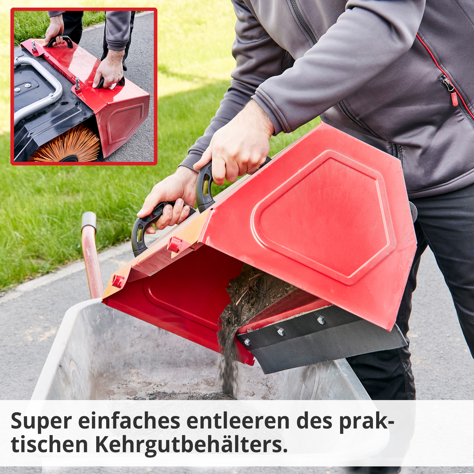 Hecht 8615 Kehrmaschine SET; Super einfaches entleeren des praktischen Kehrgutbehälters