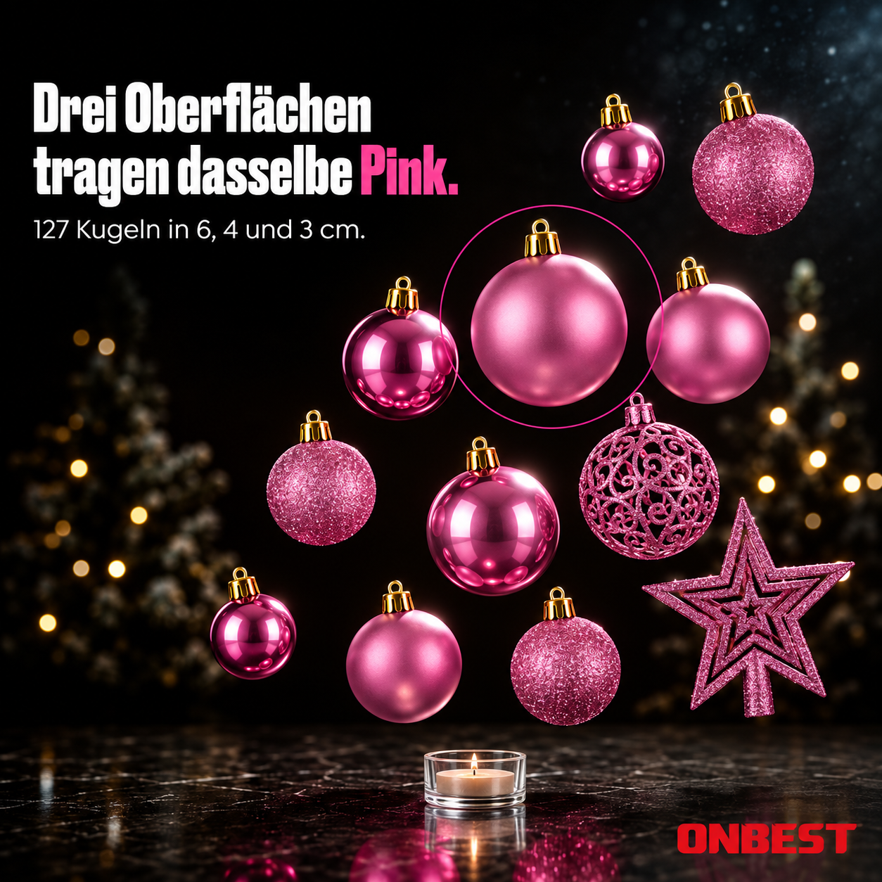 ONBEST Christbaumkugeln: 127 Kugeln in Pink mit 3 Oberflächen (Dieses Bild wurde mit Hilfe von KI generiert.)