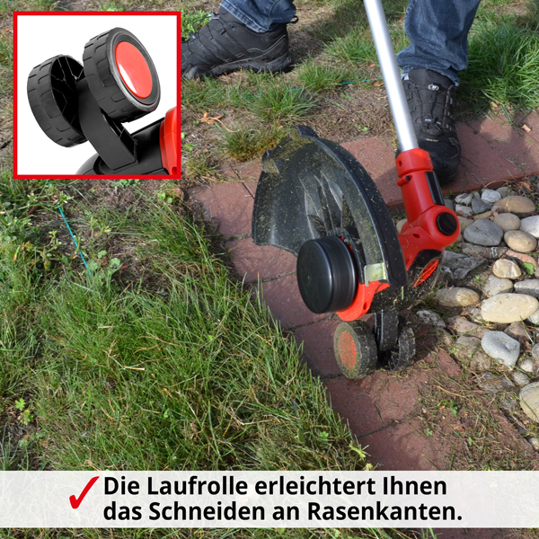 Akku Rasentrimmer mit Laufrolle, welche das Schneiden an Rasenkanten erleichtert