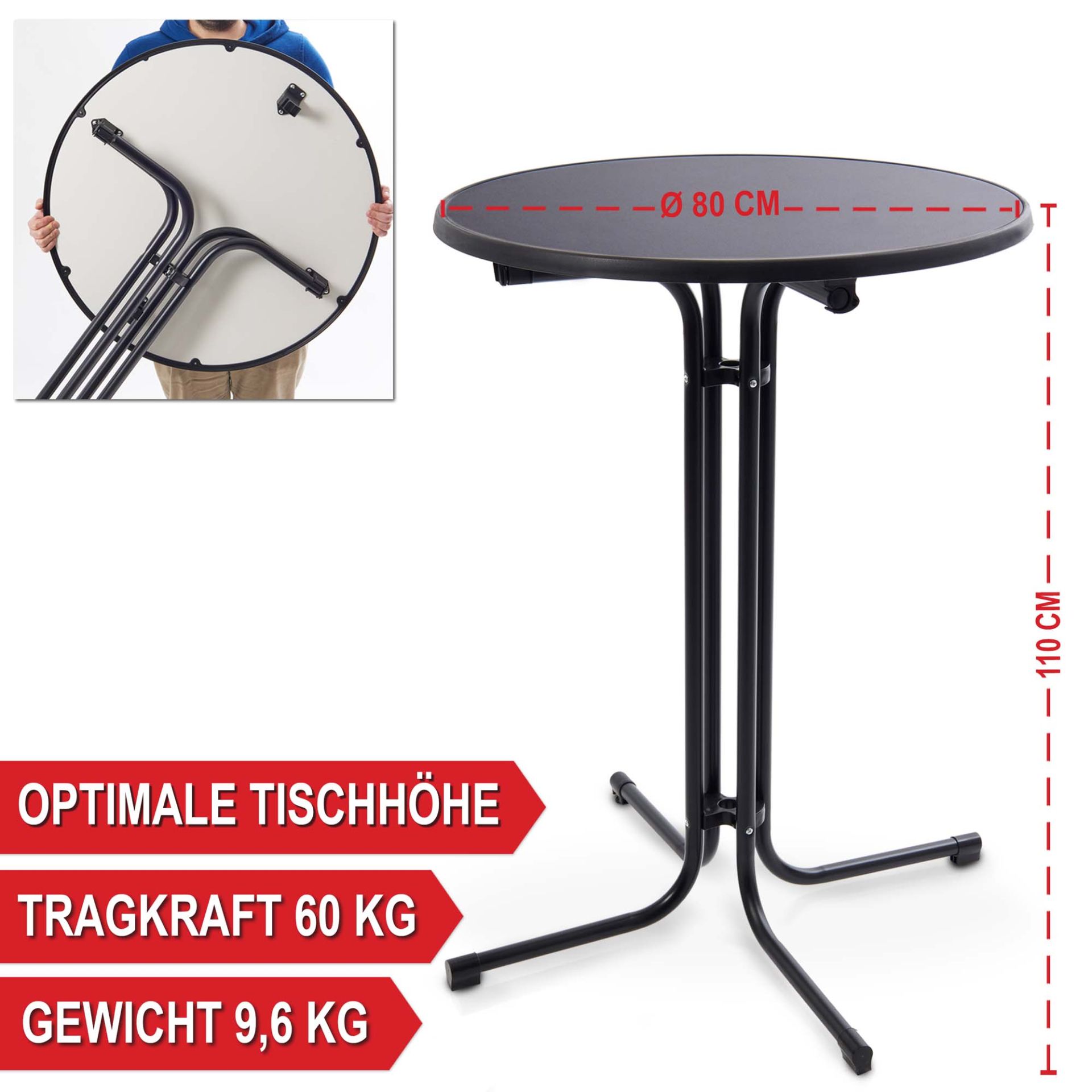 Optimale Tischhöhe, große Tragkraft, leichtes Gewicht - Stehtisch mit Tischhusse schwarz