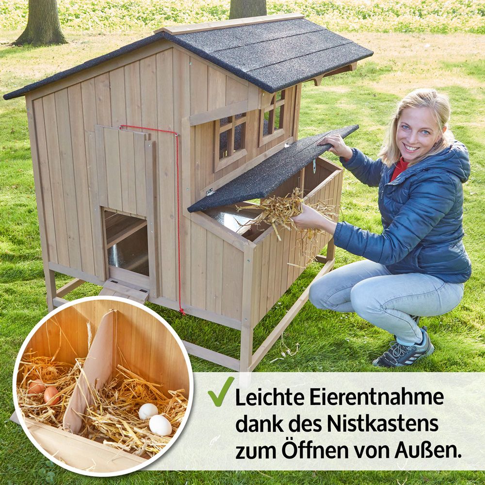 Hühnervoliere Berghof; aufklappbares Dach zur einfachen Eierentnahme