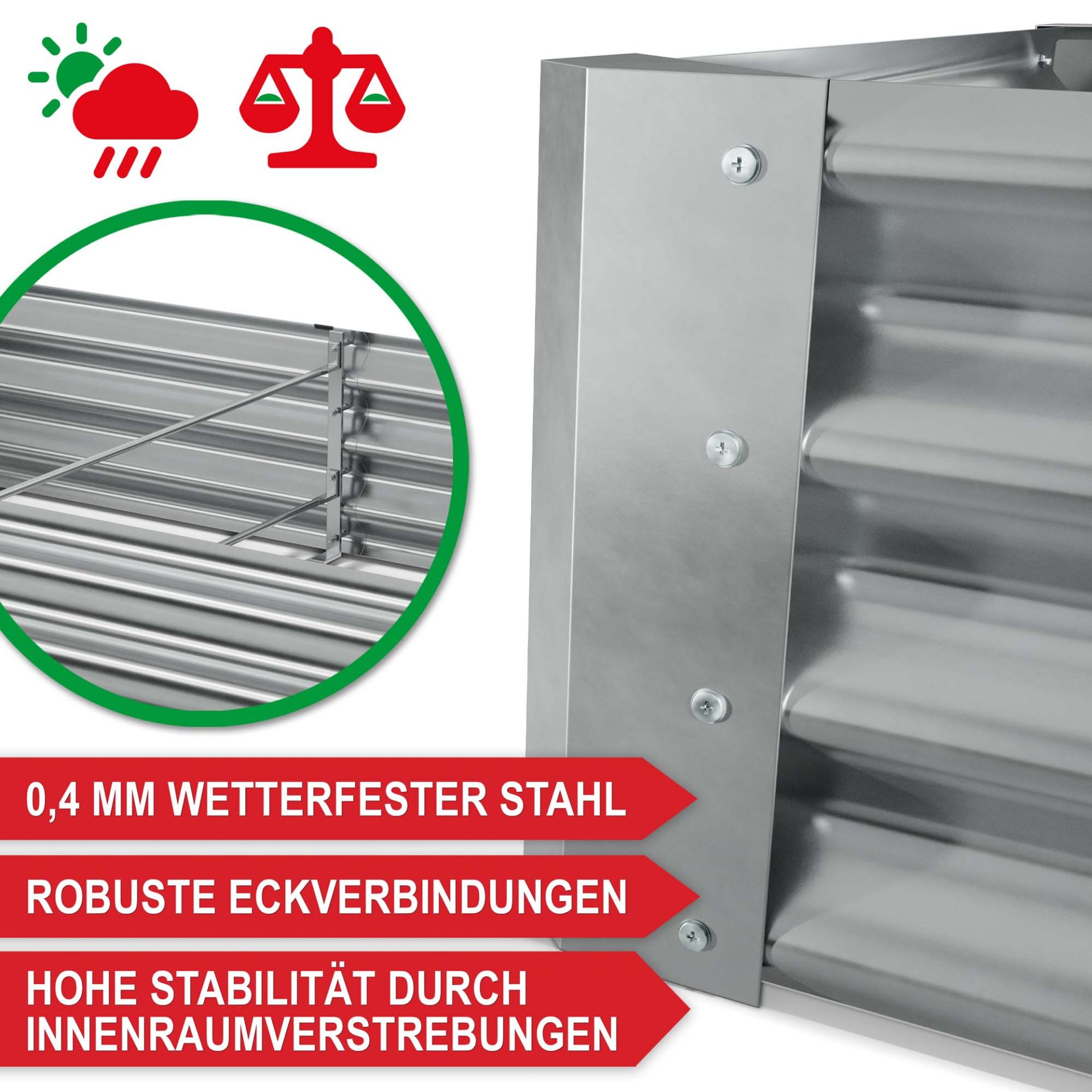 Hochbeet Stahl Silber M - Wetterfester Stahl, robuste Eckverbindungen, hohe Stabilität durch Innenverstrebungen