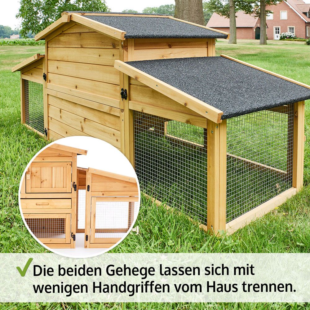 Hasenstall Dorf Alm; Beide Gehege lassen sich vom Haus trennen