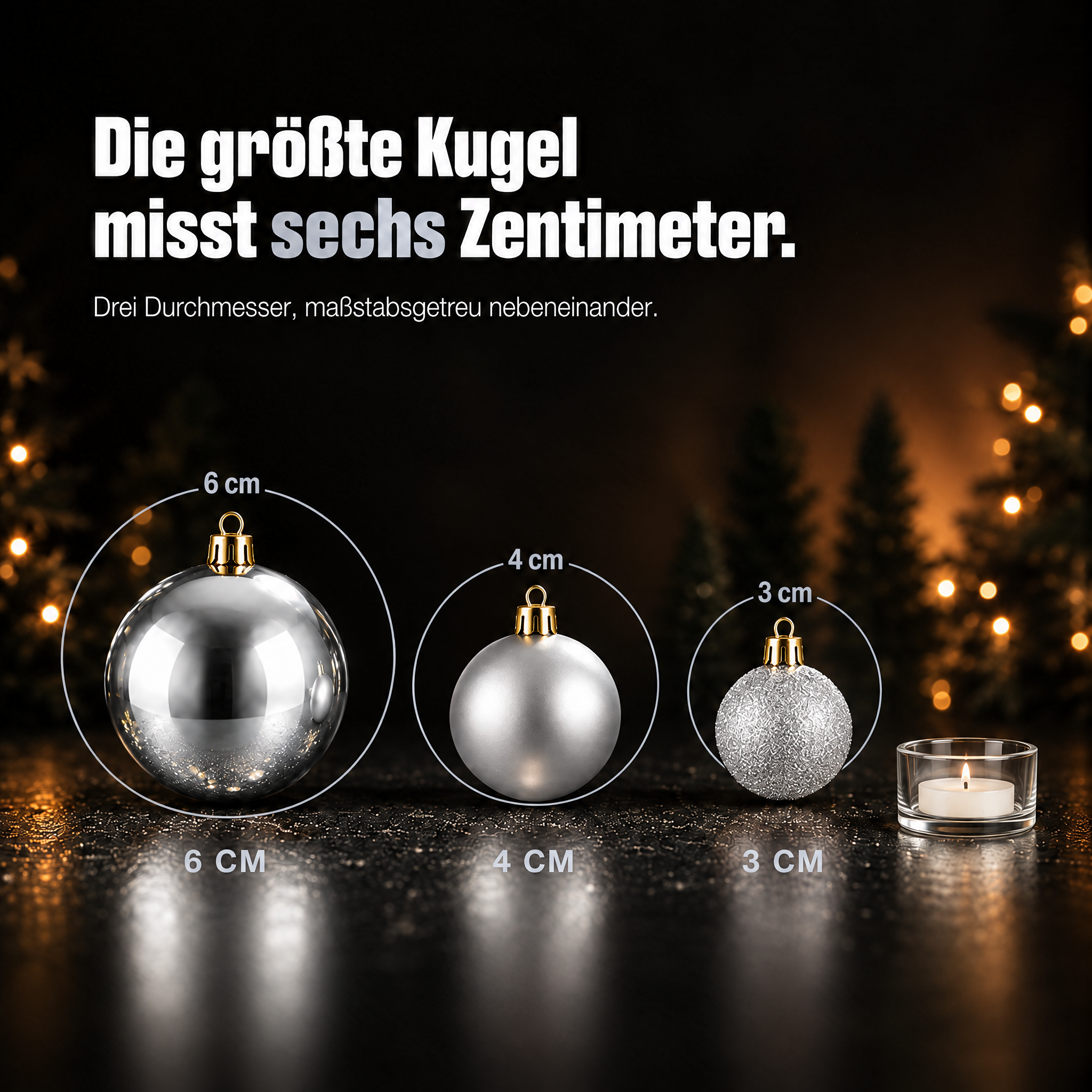 Weihnachtskugeln Größen: Drei Durchmesser im direkten Maßstabsvergleich. (Dieses Bild wurde mit Hilfe von KI generiert.)