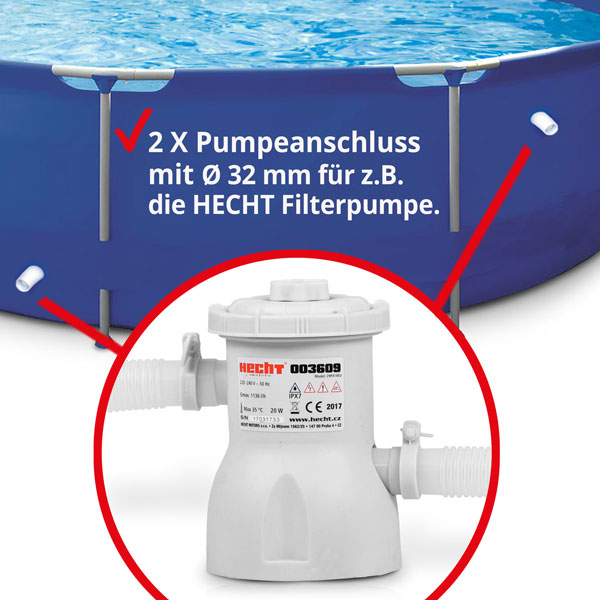 Hecht 3690 Bluesea Pool; 2x Pumpenanschluss mit 32cm Durchmesser für zum Beispiel die HECHT Filterpumpe