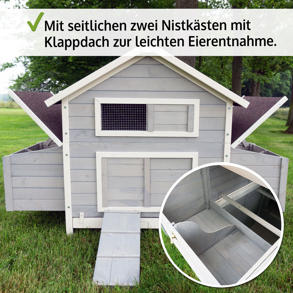 Hühnervoliere Betty in Grau mit zwei seitlichen Nistkästen und Klappdach für einfache Eientnahme Hühnervoliere Betty in Grau mit zwei seitlichen Nistkästen und Klappdach für einfache Eientnahme