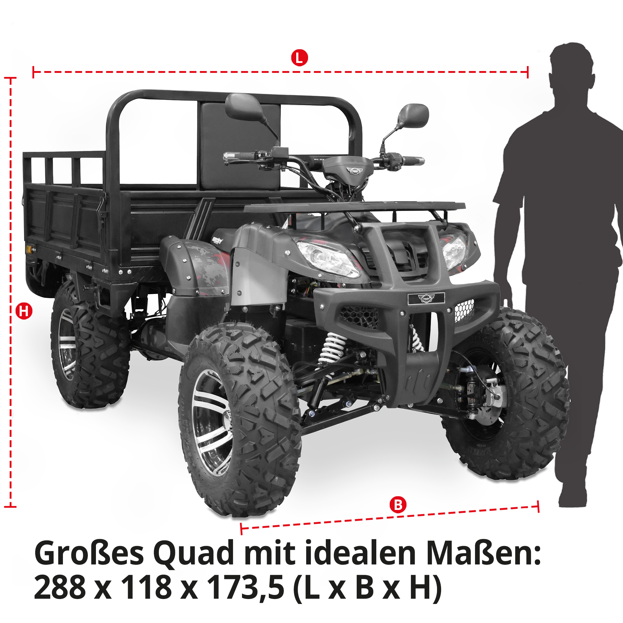 Hecht Farmis - Quad mit Pritsche; Großes Quad mit idealen Maßen 288 x 118 x 173,5
