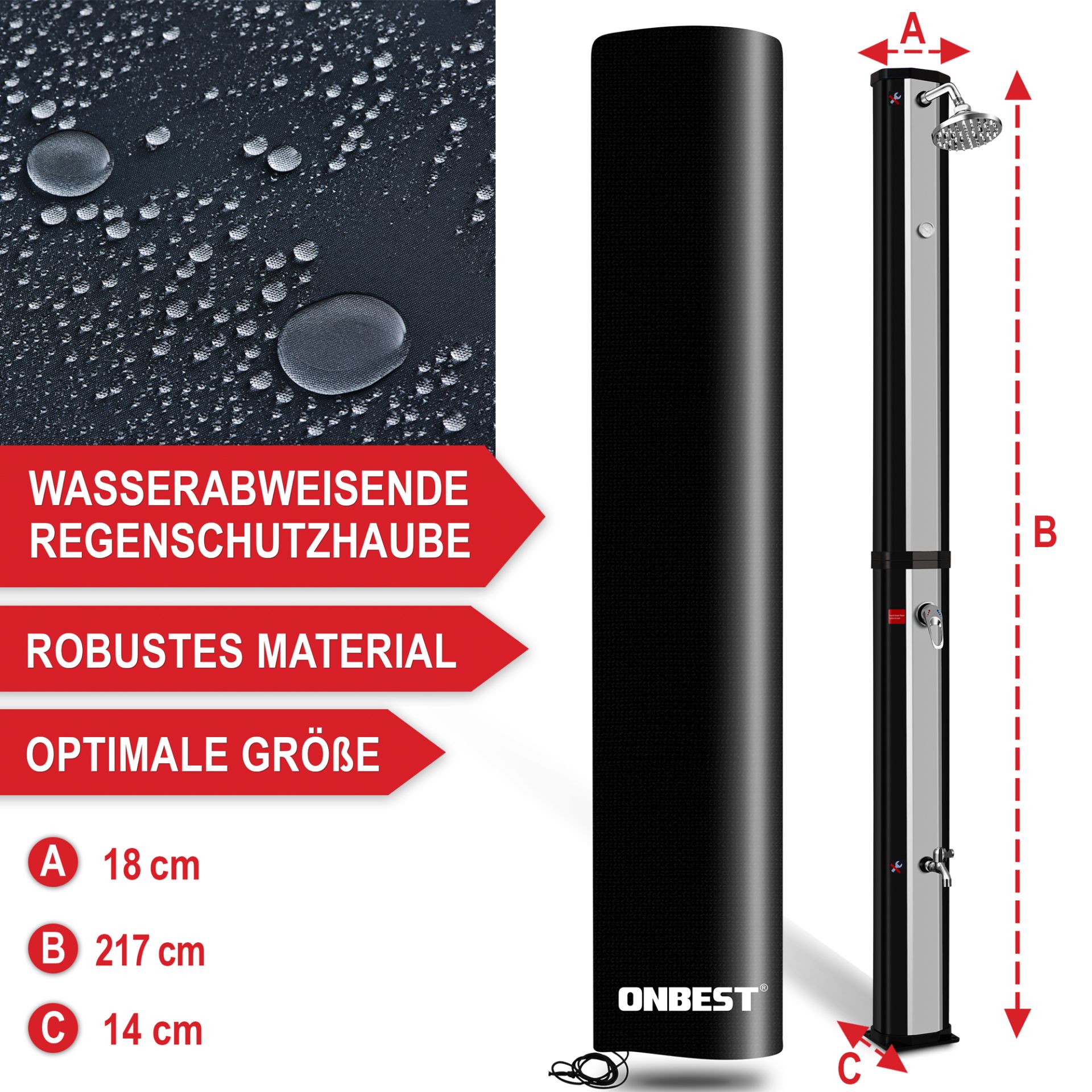 Solardusche schwarz/ silber - Wasserabweisende, Regenschutzhaube, robustes Material, optimale Größe