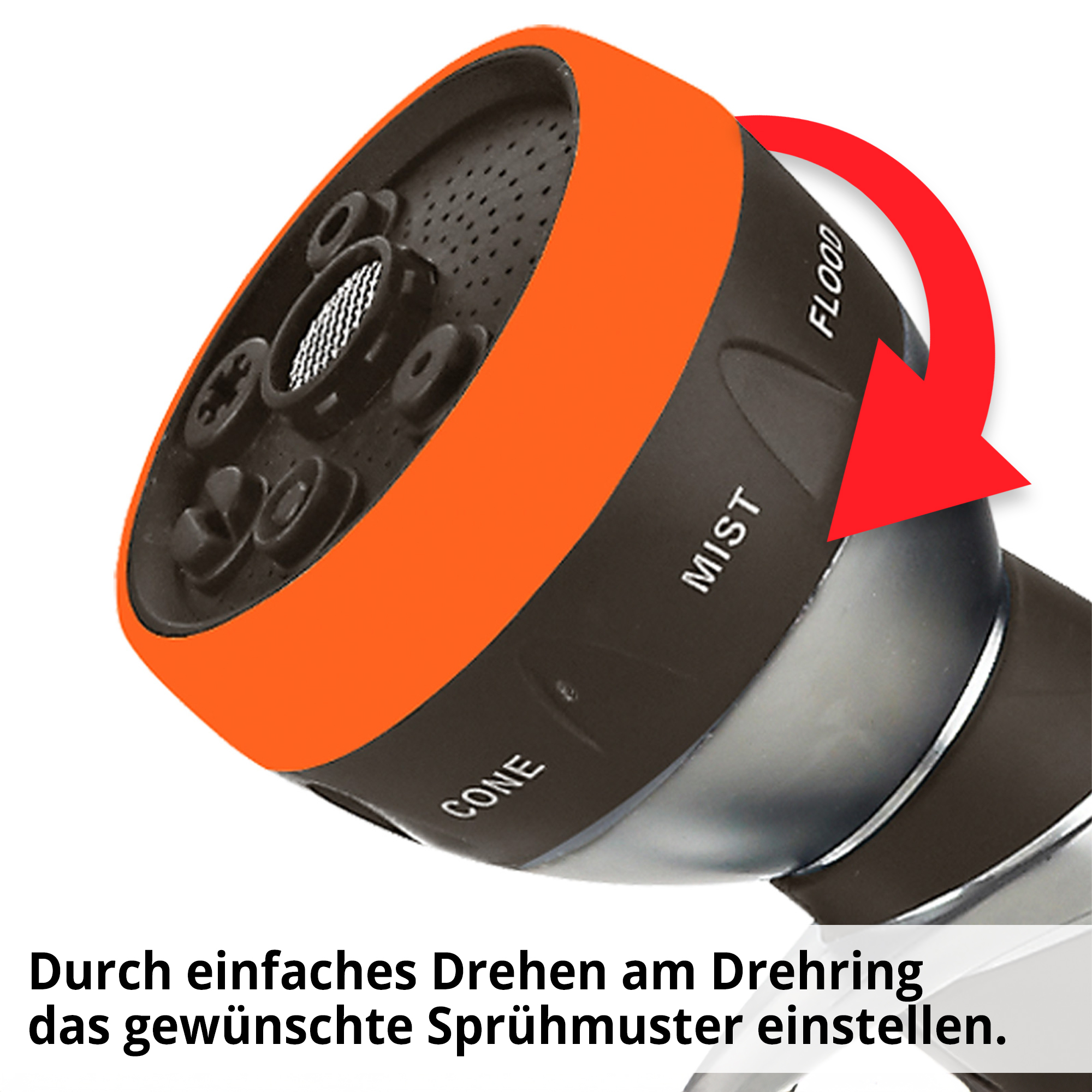 Gartenbrause; Stufenloses Einstellen des gewünschten Sprühmusters durch einfaches Drehen am Drehring