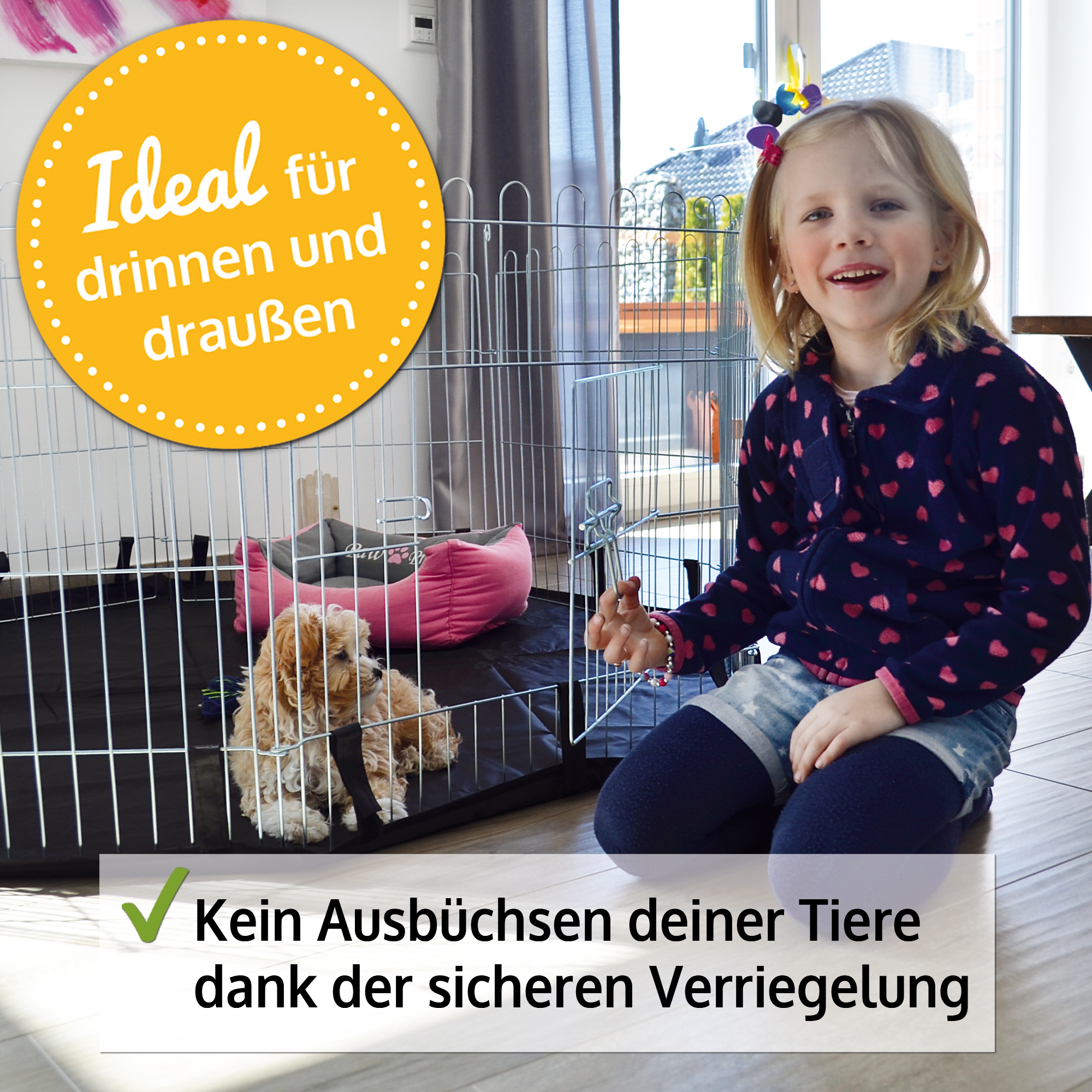 Auslaufgehege mit 8 Gitterelementen à 75 cm für viel Bewegungsfreiheit