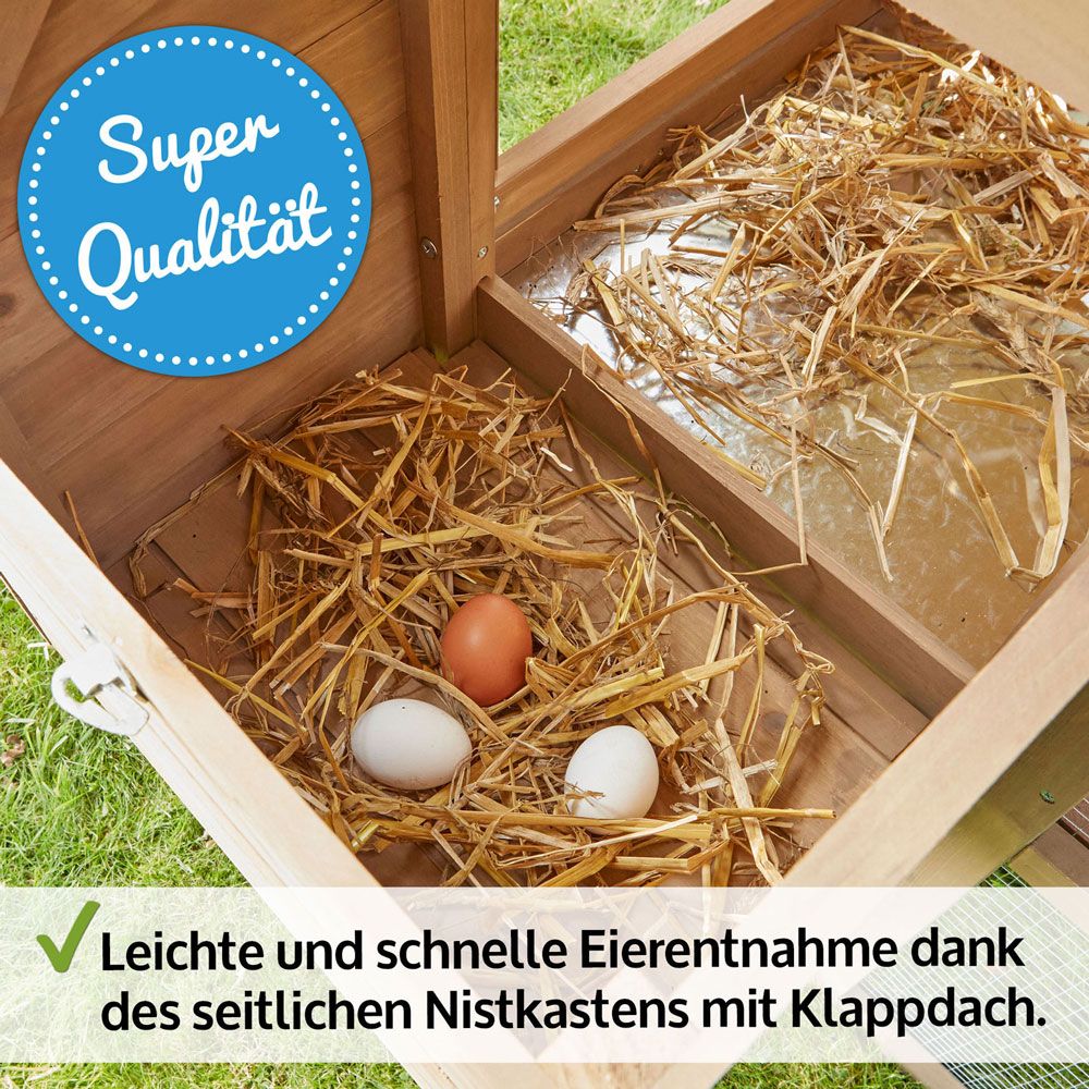 Hühnervoliere Happy Huhn Set; seitlicher Nistkasten mit Klappdach zur einfachen Eierentnahme (Dieses Bild wurde mit Hilfe von KI generiert.)